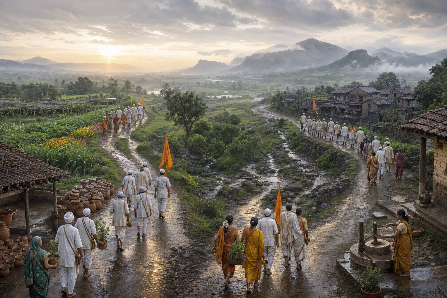 A potter, gardener, road worker and woman using a grinding stone perform everyday labor in four connected rural Maharashtra settings.