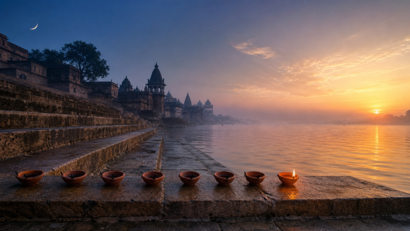 A seated devotee faces a small home shrine as sunlight crosses the floor and a faint waning Moon remains visible outside.