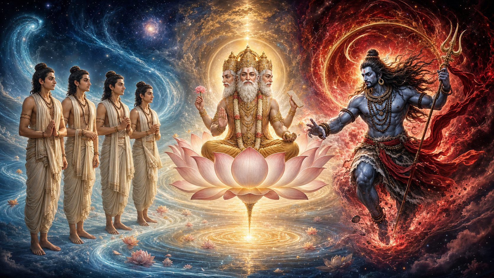 Brahma sits on a luminous lotus between four contemplative young sages and a fierce, composed Rudra in a celestial setting.