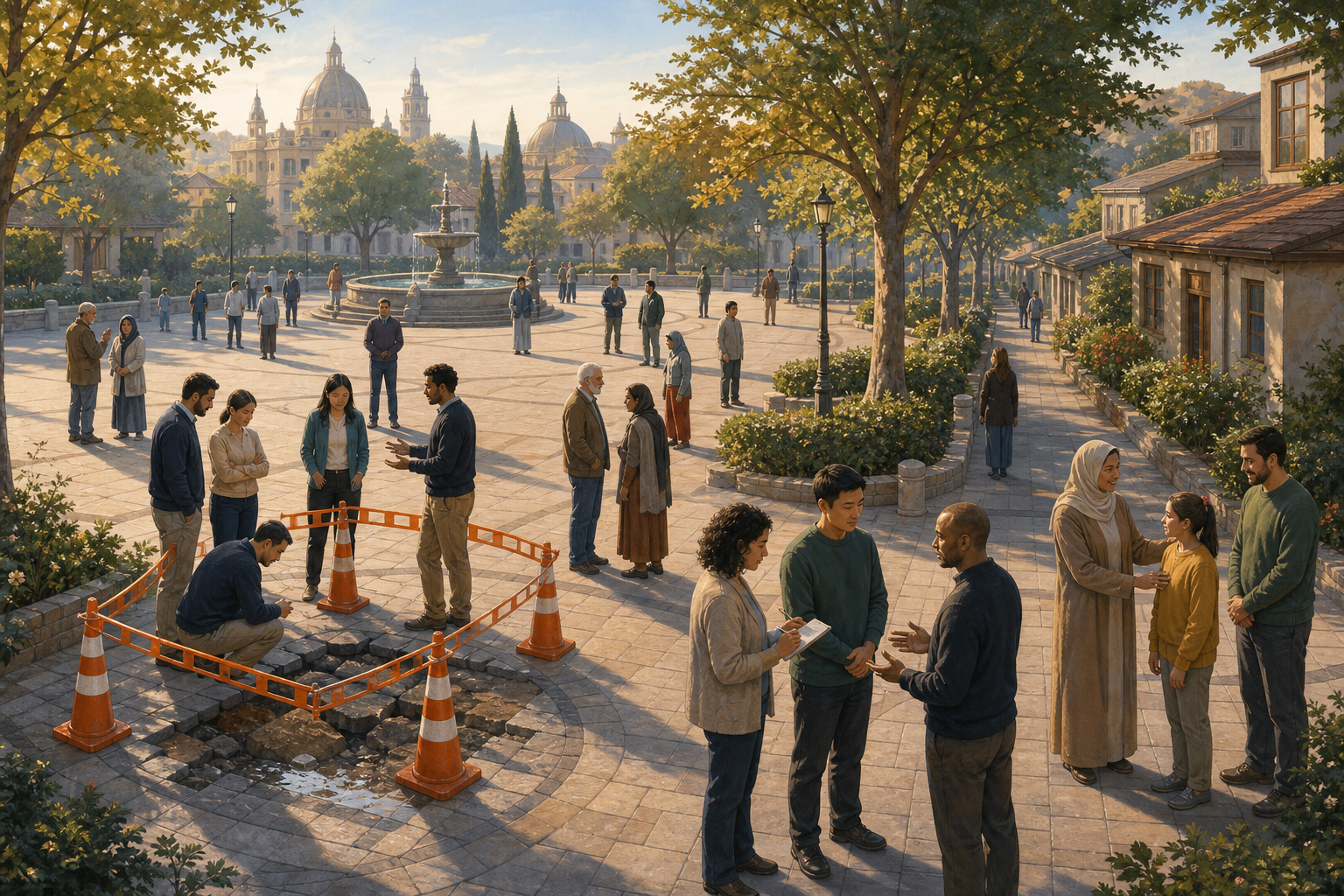 Public-safety officials use different, measured responses to a contained street hazard, an evidence-gathering conversation, and concerns near homes in a shared civic square.