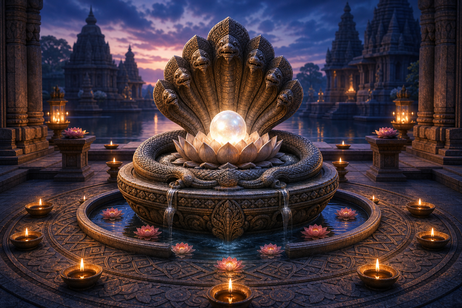 A softly glowing pearl-like jewel rests in a lotus-shaped basin surrounded by a carved multi-hooded naga and temple lamps.