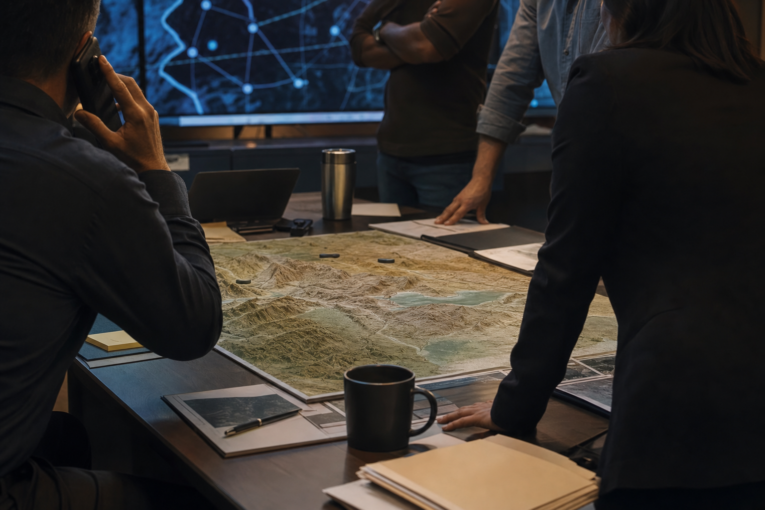 Investigators coordinate around an unmarked regional map in a security operations room.