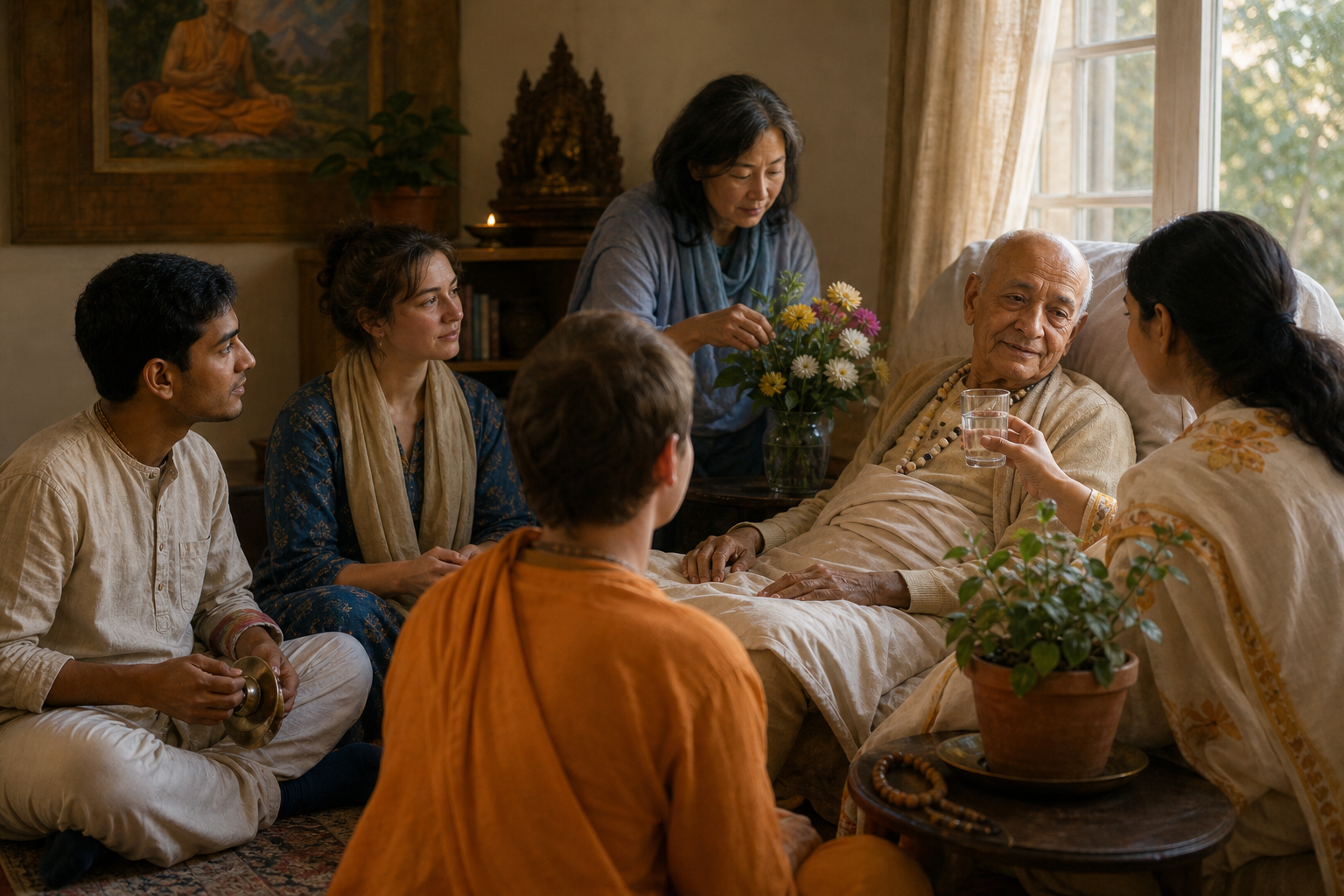 Family members and fellow practitioners sit attentively around an elderly devotee in a peaceful home setting with flowers, prayer beads and a tulasi plant.