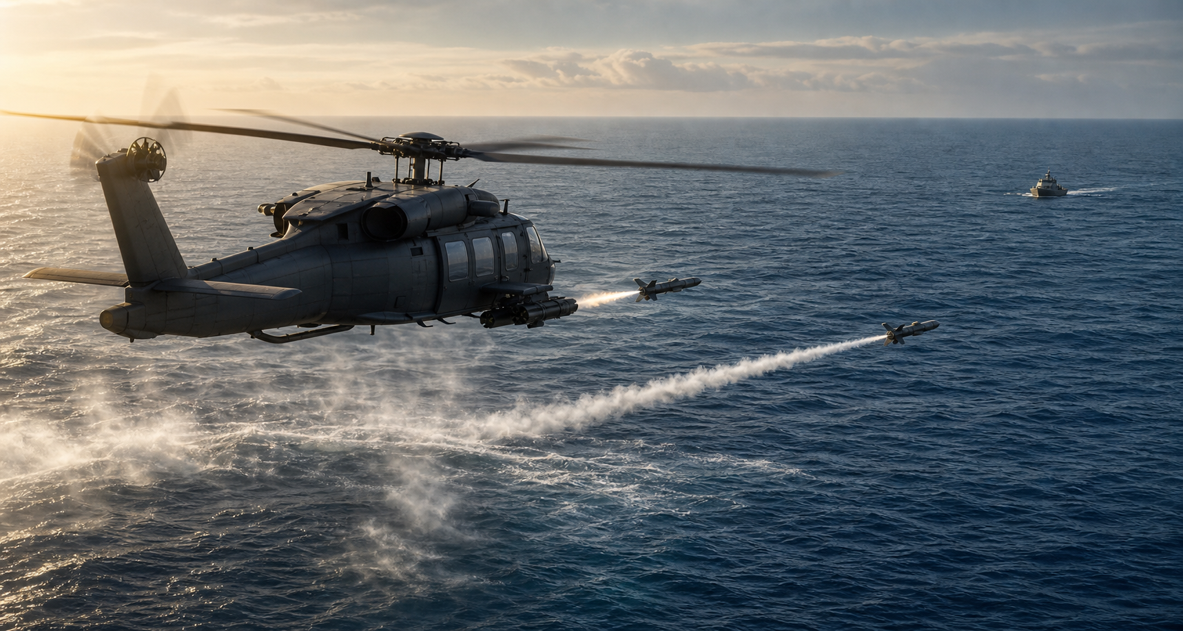 Naval helicopter launching two short-range anti-ship missiles in sequence over the ocean toward a distant surface target.