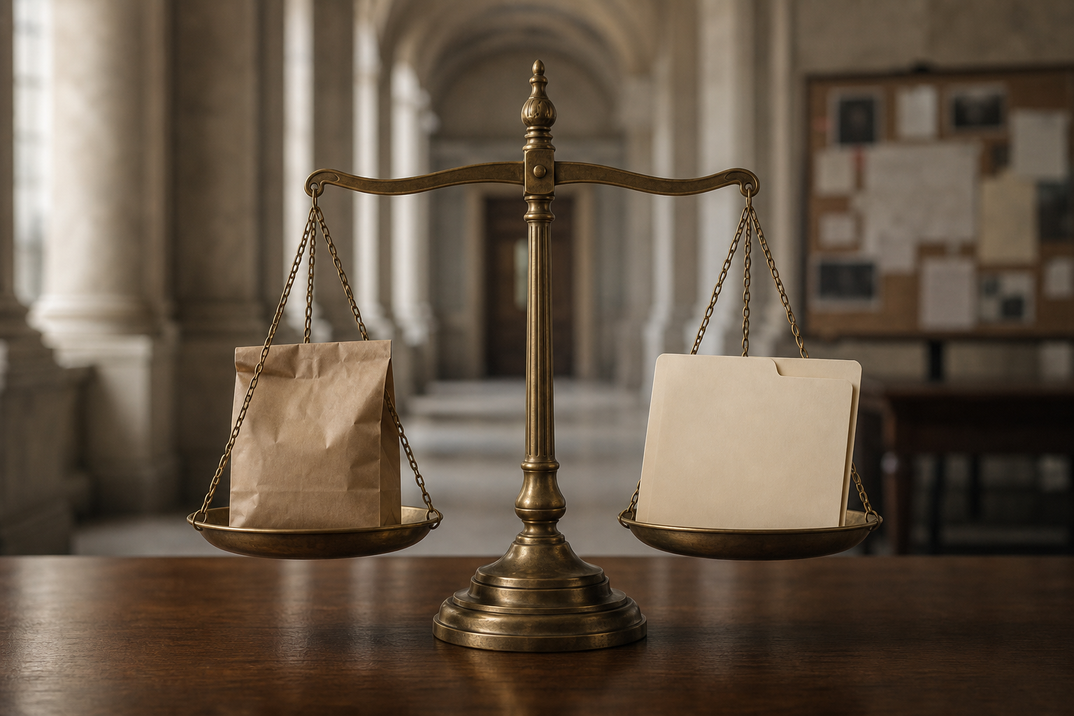 A balanced brass scale stands beside a generic evidence bag and file folder in a softly lit office.