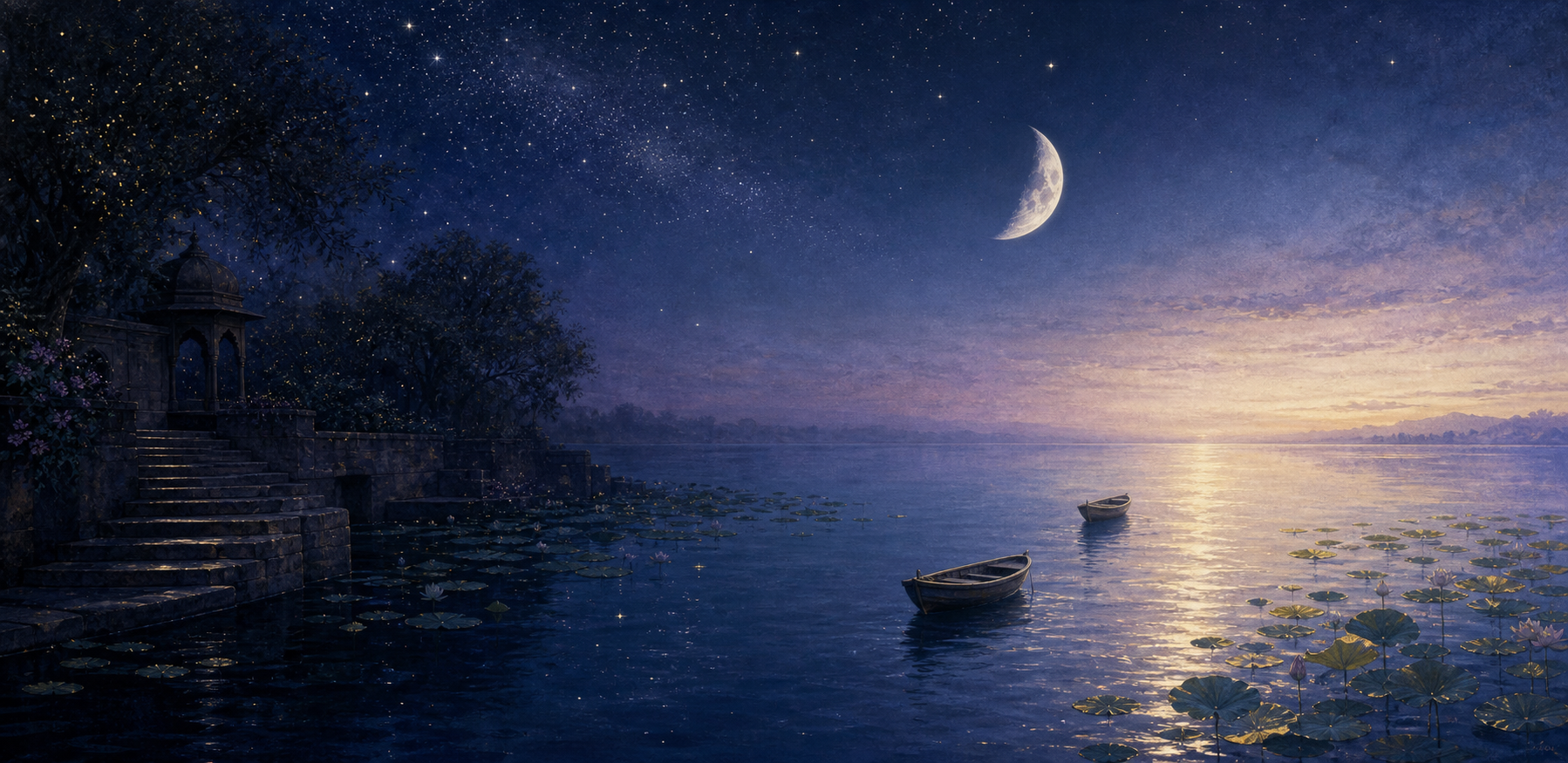 Two small boats cross a dark river toward a luminous horizon beneath a waning Moon and star-filled sky.