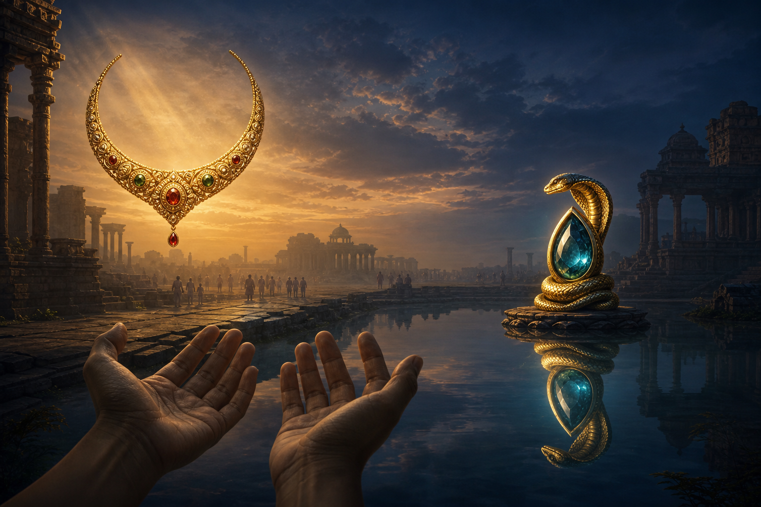 Open hands rest beneath a suspended royal necklace and the reflection of a glowing jewel, with ruins and distant figures fading behind them.