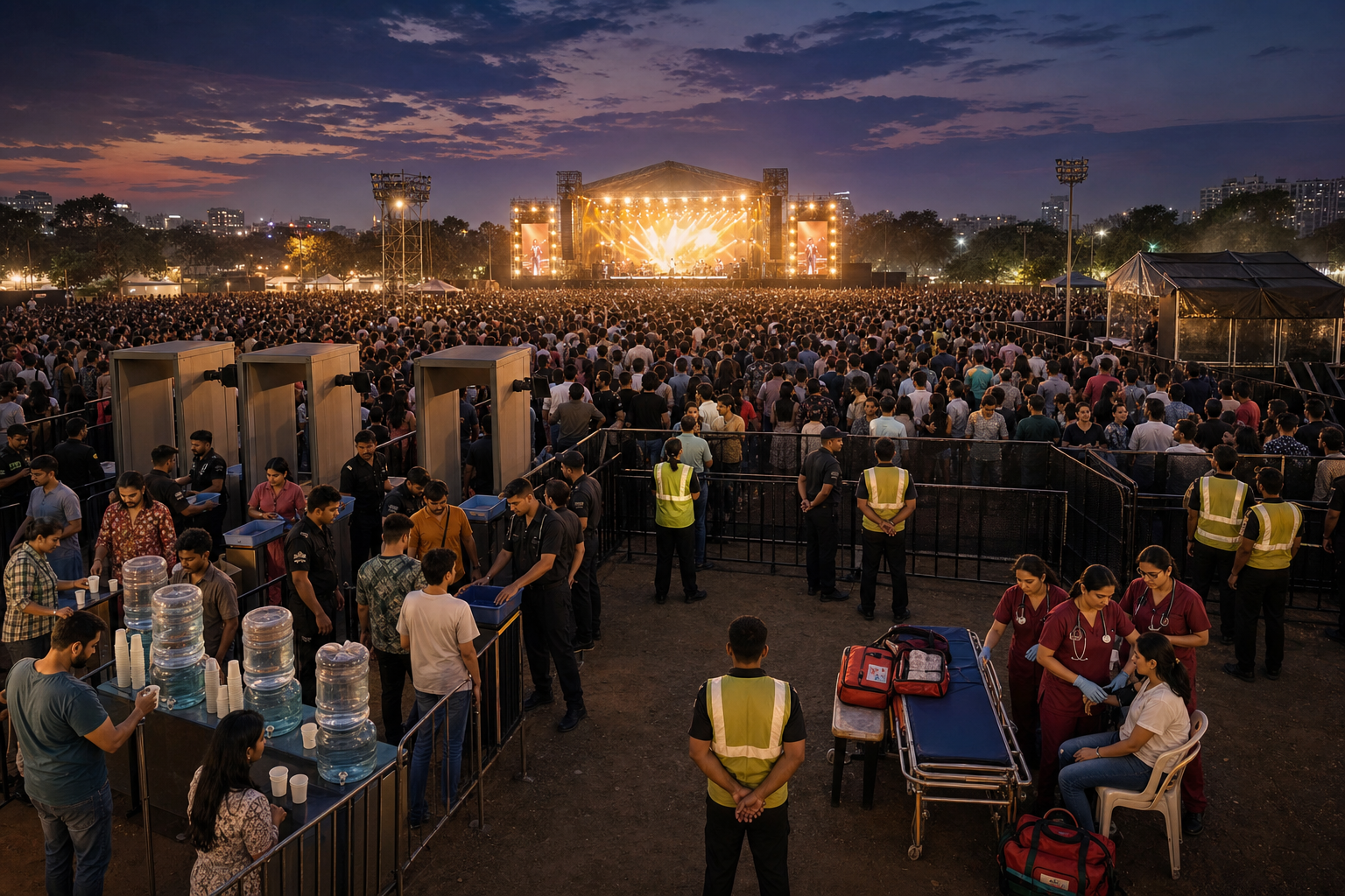 An outdoor concert crowd in Maharashtra with security lanes, barriers, water stations, event stewards, and medical staff near a brightly lit stage.