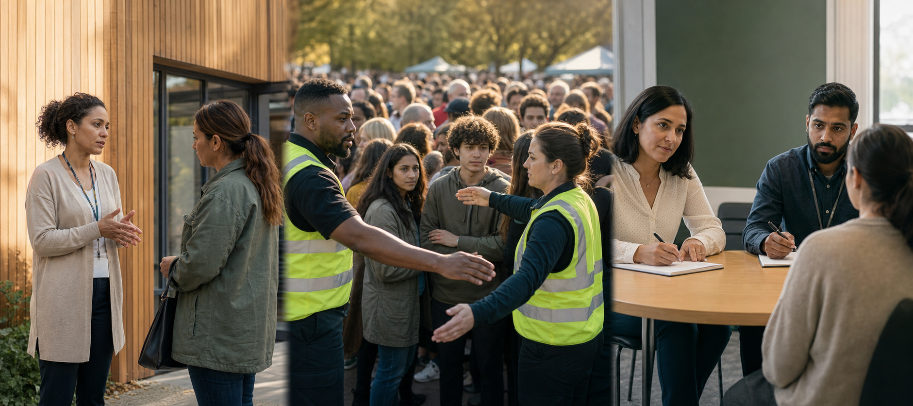 Three connected scenes show a safeguarding conversation, crowd control at a gathering, and investigators documenting an allegation.
