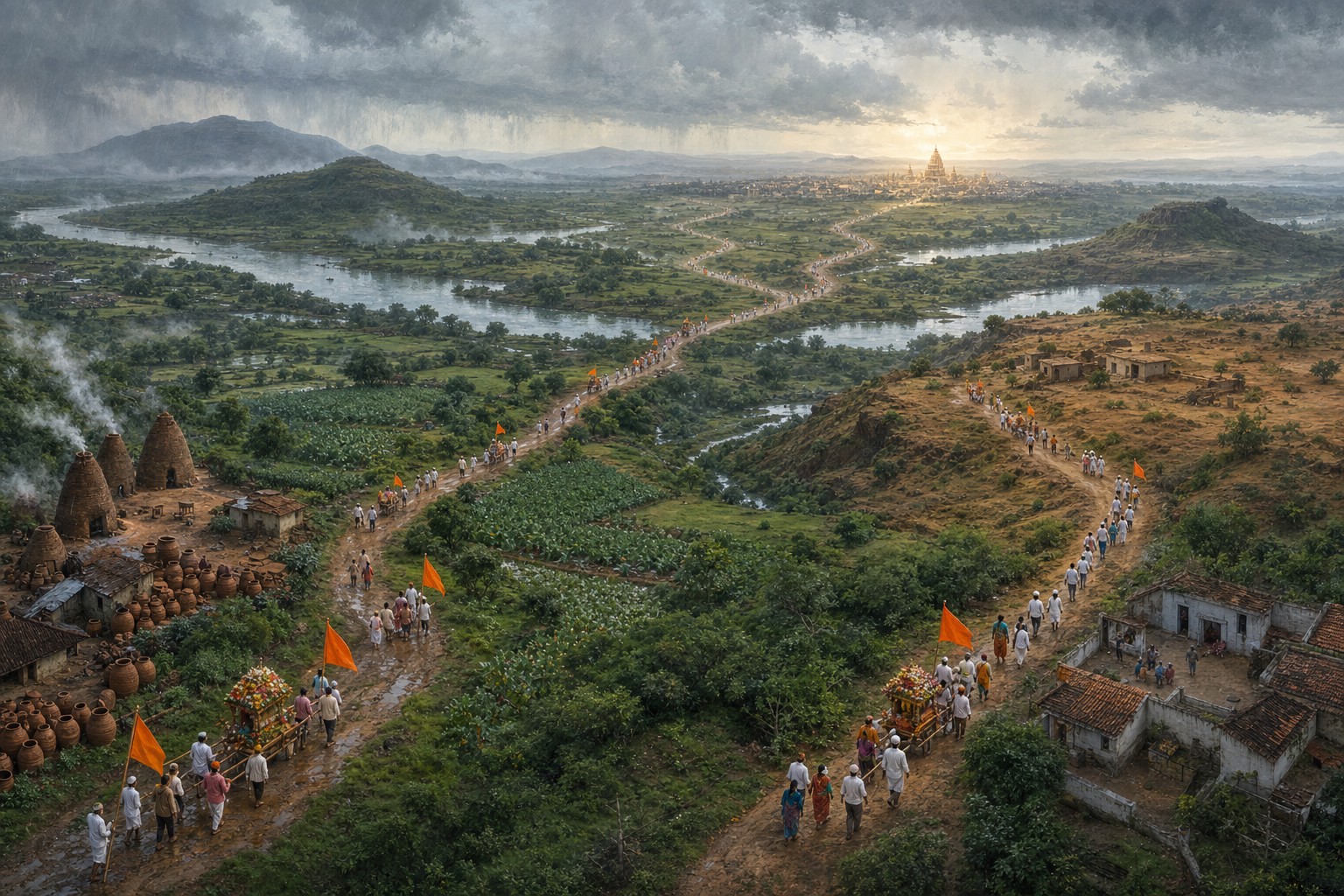 Several pilgrim processions travel from pottery, farming, plateau and village landscapes toward one distant temple town.