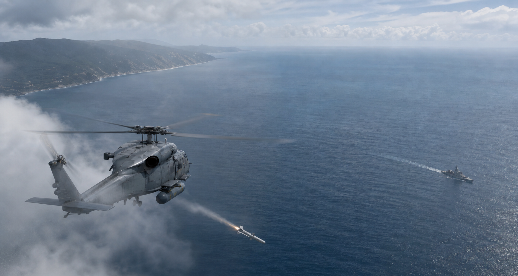 A naval helicopter launches a missile that descends toward a sea-skimming path with a distant vessel beyond the horizon.