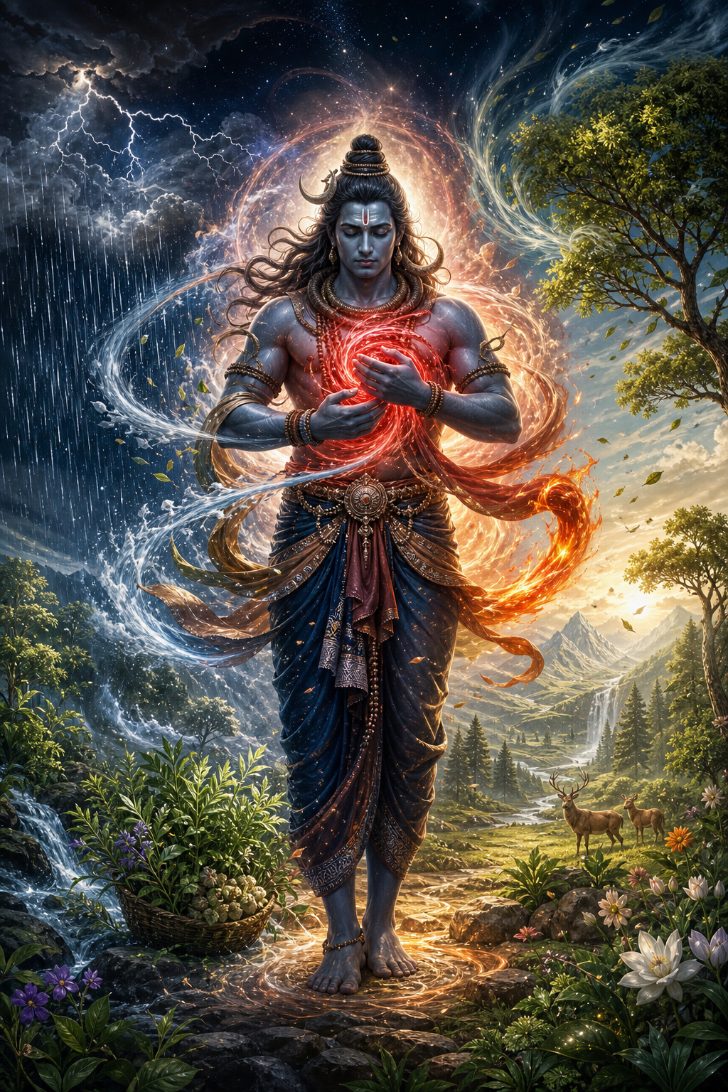 Four robed sages meditate beneath a banyan tree as forests, rivers, animals, stars, and a distant figure of Rudra emerge around them.