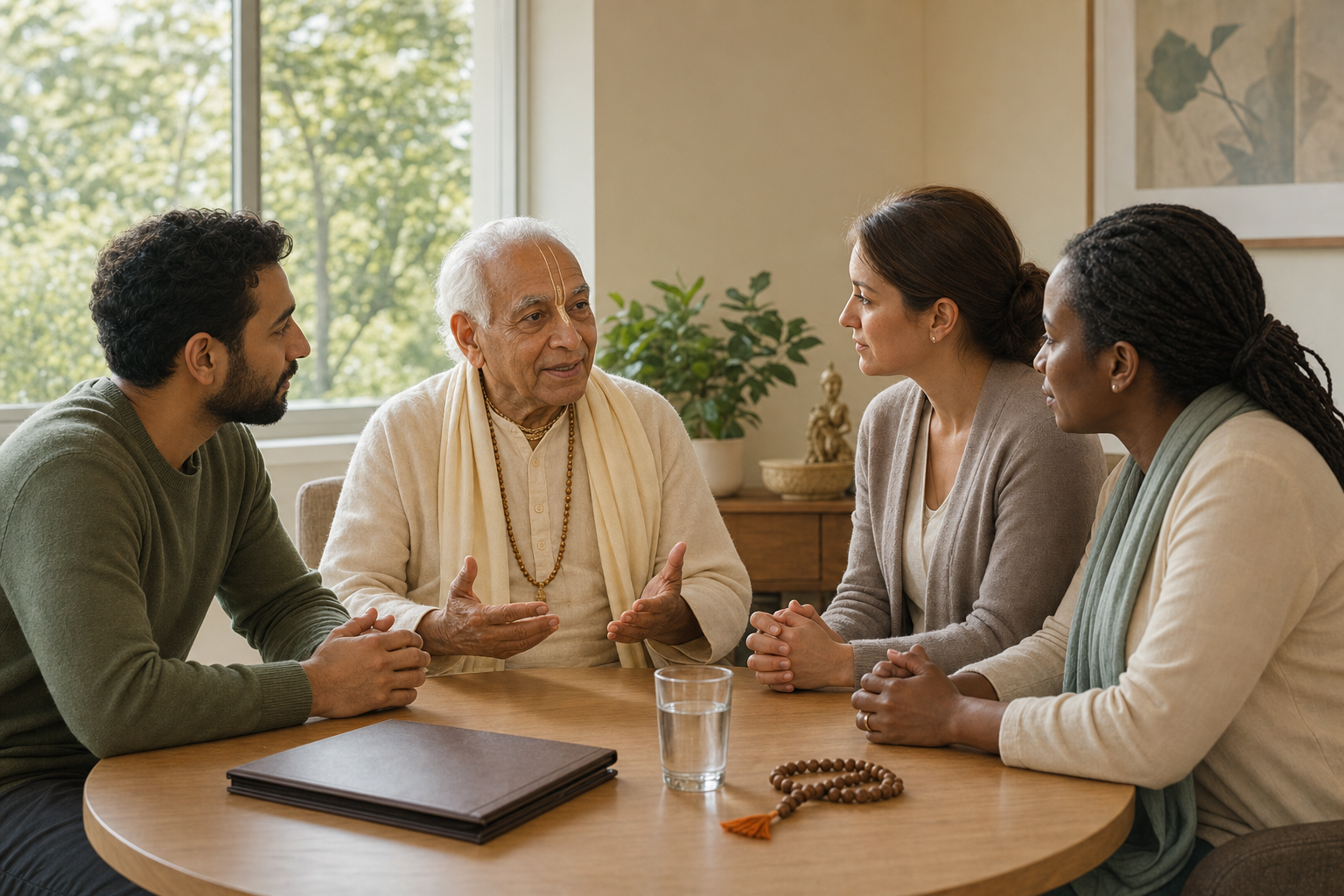 An elderly devotee speaks with a clinician, a spiritual caregiver and a family supporter seated together around a table.