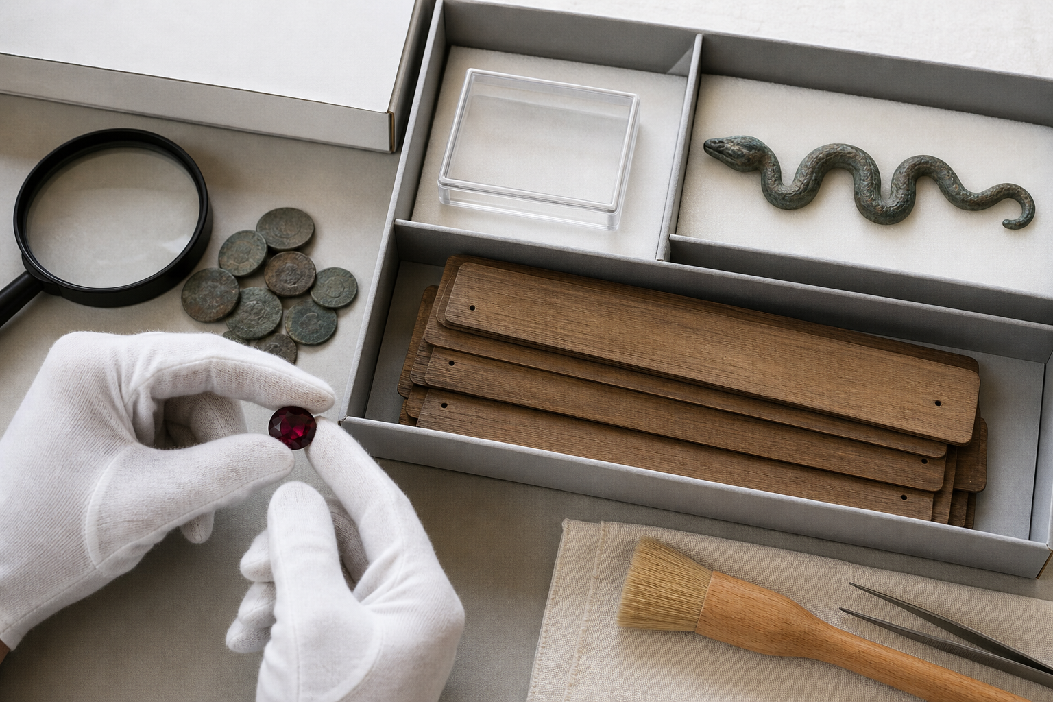 Gloved hands examine a gemstone beside archival trays, coins, palm-leaf folios, and a separately stored serpent-shaped ornament.