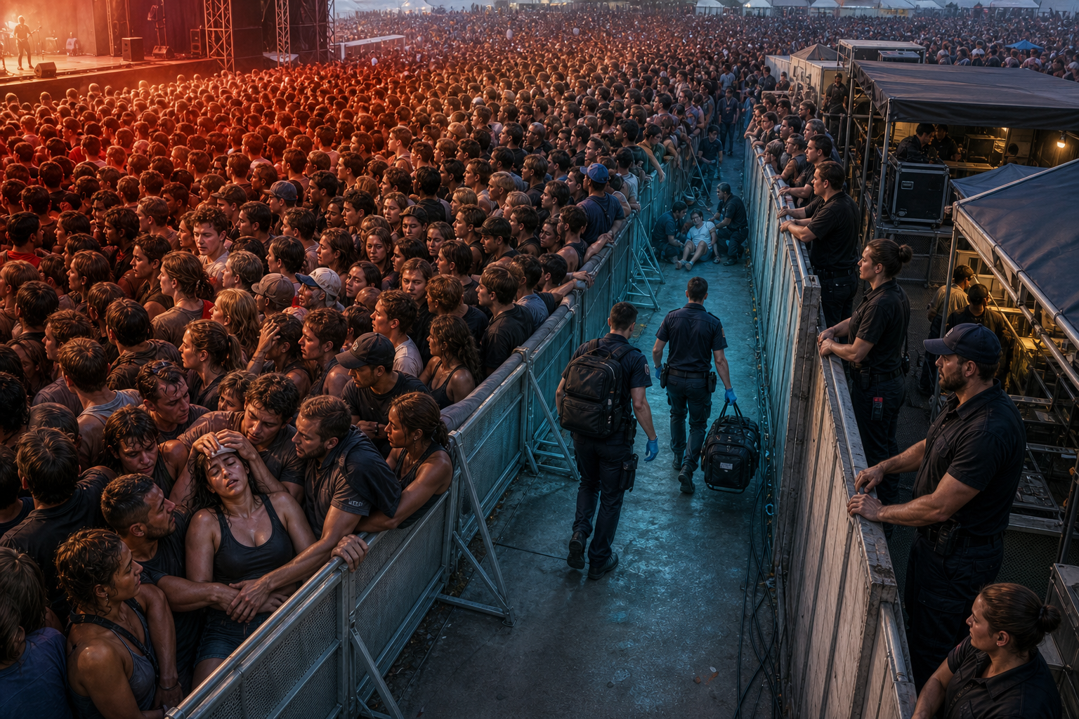 A cutaway view of a dense concert crowd showing heat stress, a narrow access route, security monitoring, and paramedics approaching an attendee.