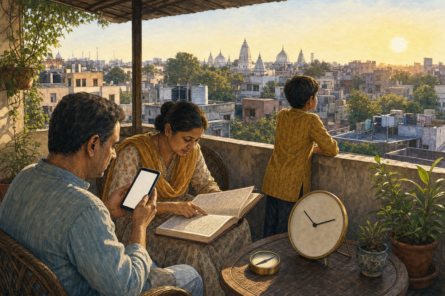 A family on a city terrace compares a handheld device with an almanac while observing the morning horizon beside a clock and compass.