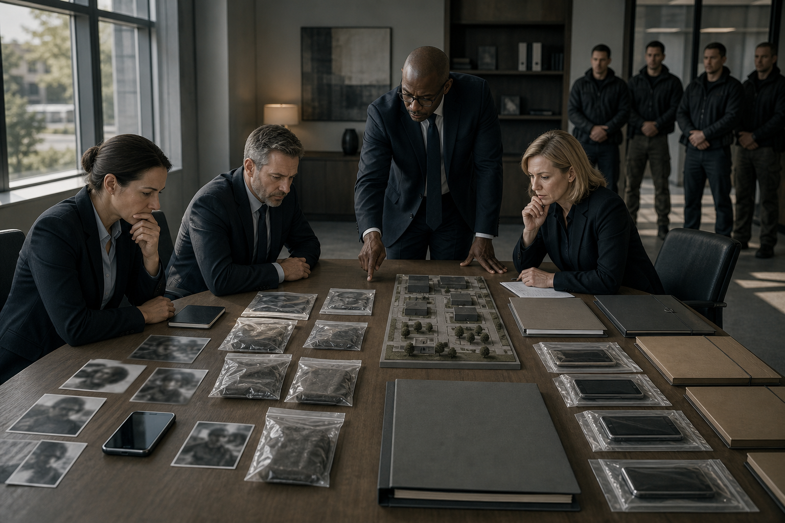 Officials review separated evidence materials at a table while a response team waits in the background.