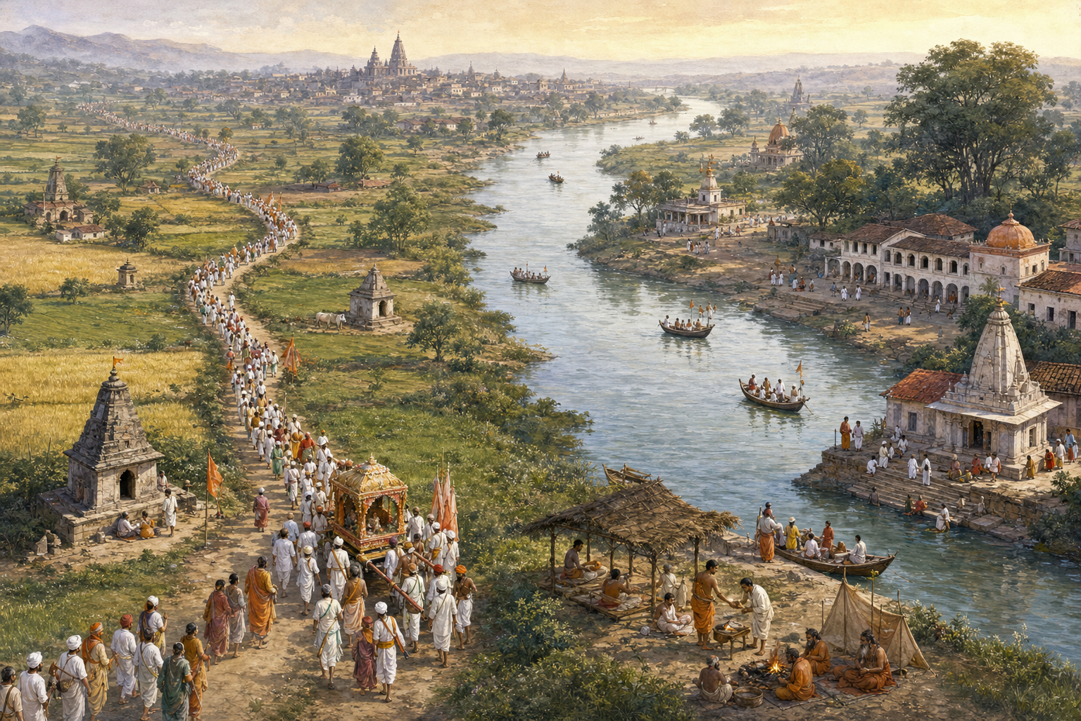 A continuous landscape shows a moving palkhi pilgrimage on one side and a temple-monastery community receiving devotees on the other.