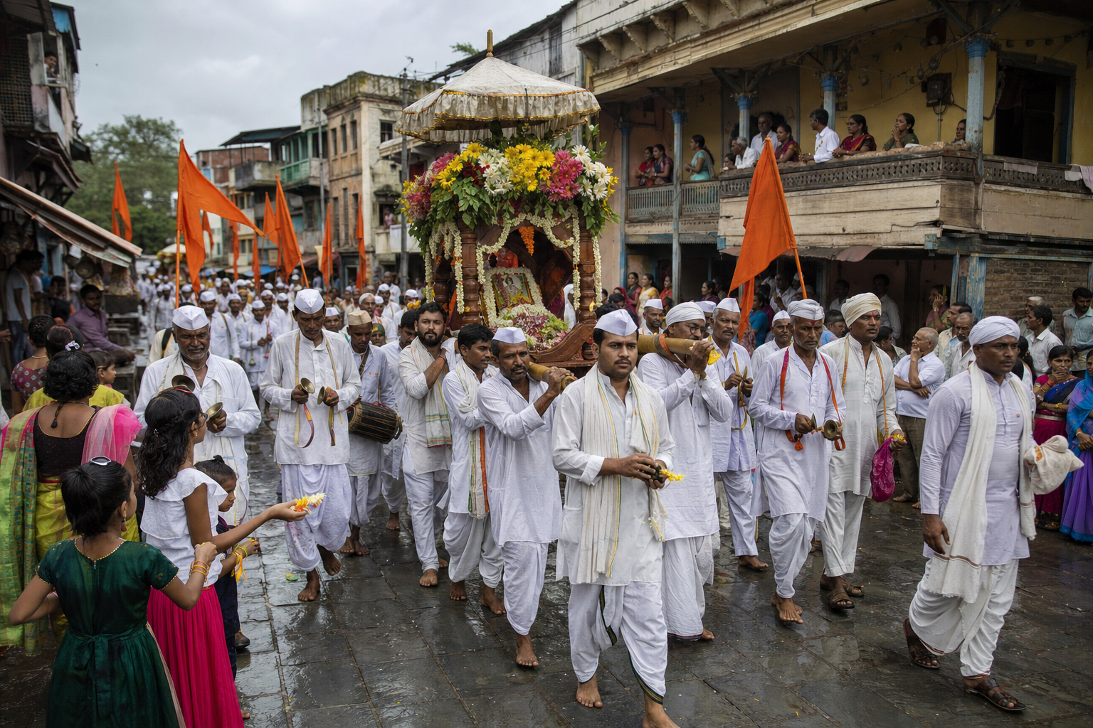 A flower-decorated palkhi procession passes through a Maharashtra town as pilgrims play instruments and residents gather along the rain-darkened street.