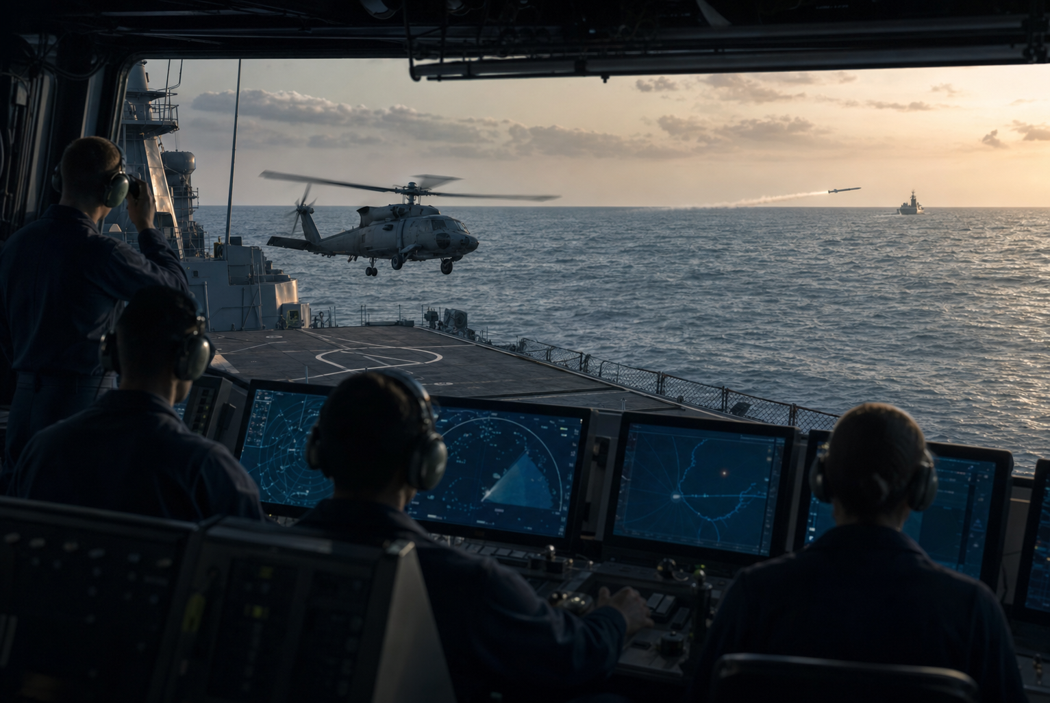 Naval operators monitor displays as a helicopter departs a warship and a missile approaches a distant maritime target.