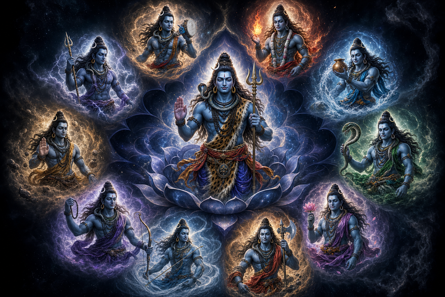 A meditating Rudra holds glowing red energy at his heart as it becomes golden light and green shoots grow outside a mountain cave.