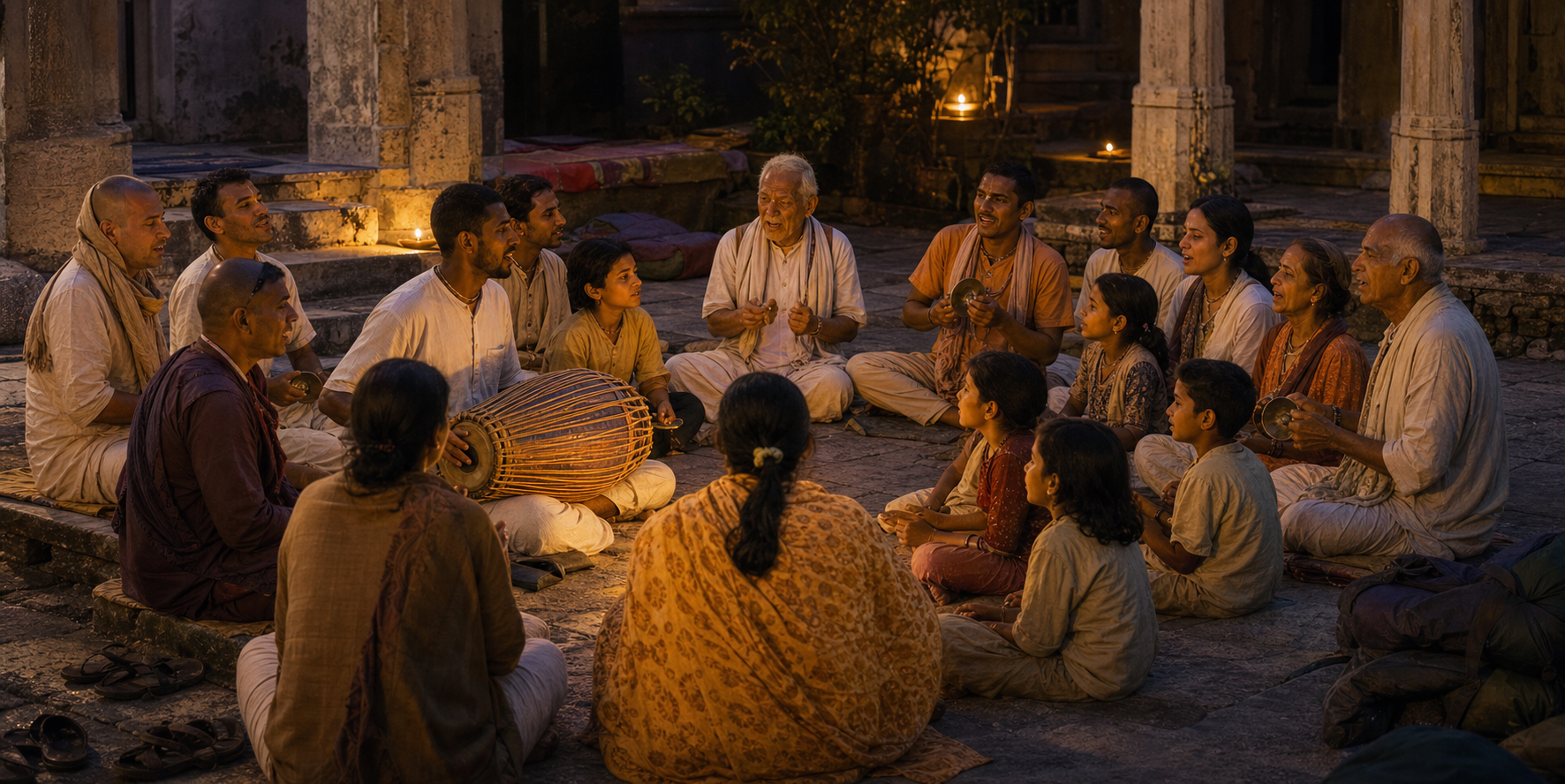 Pilgrims at a dawn rest stop play cymbals and a drum, use prayer beads, and pass drinking water to one another.