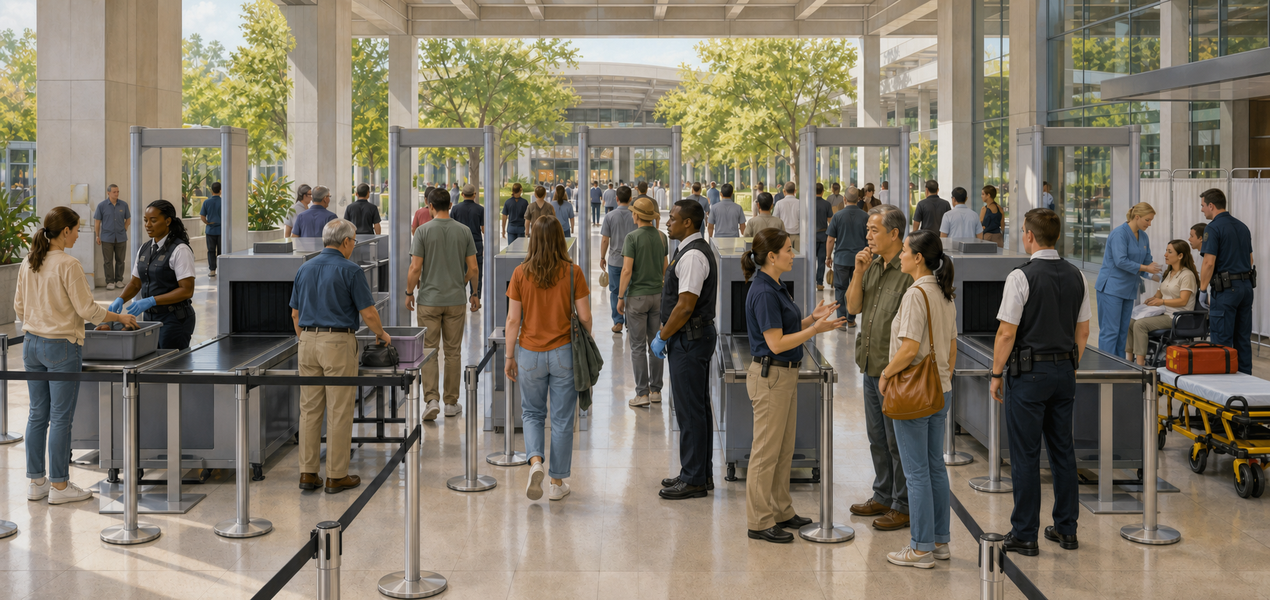 A varied crowd passes through identical safety lanes while officials provide guidance and medical support at a public venue.