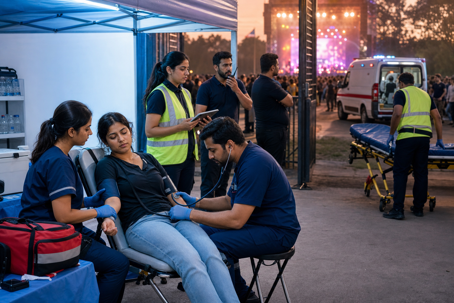 Paramedics treat an attendee at a concert first-aid area while another team maintains access to a waiting ambulance and supervisors document the response.