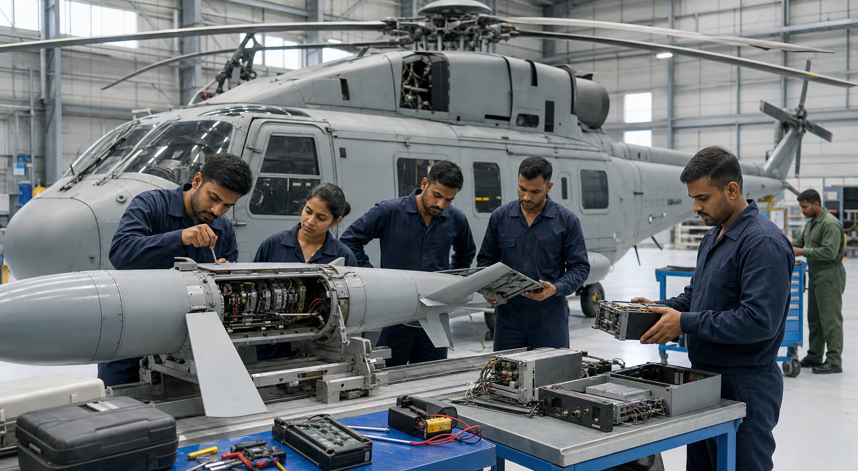 Indian engineers and naval technicians inspect a compact missile and its components beside a helicopter in a maintenance hangar.