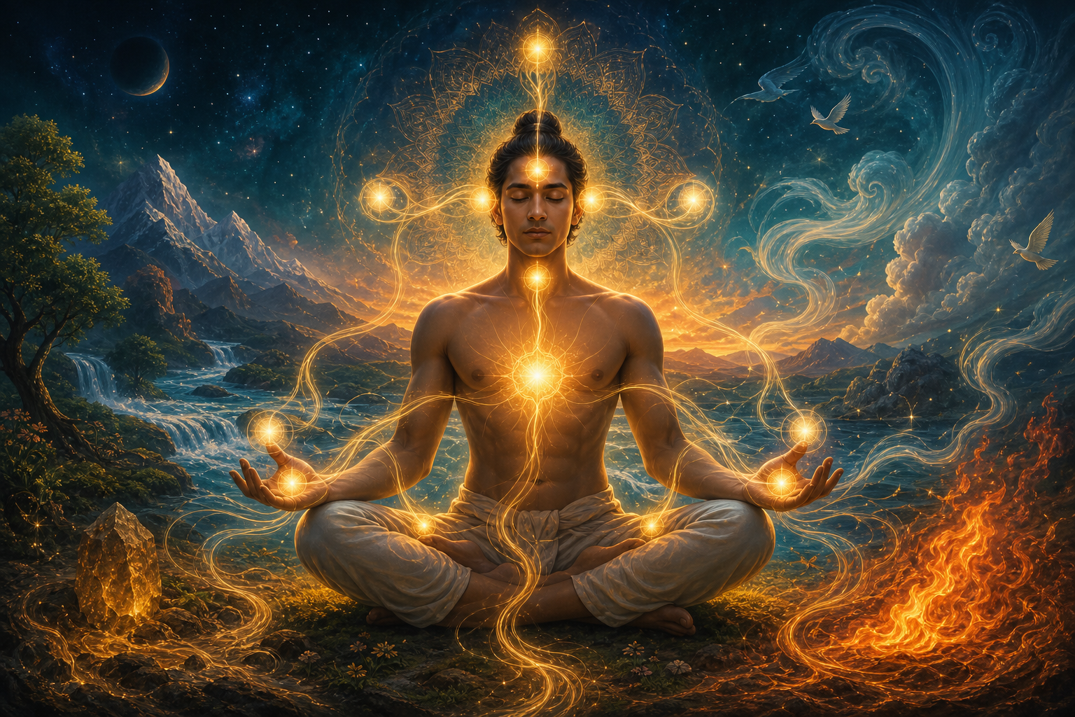 A seated human silhouette is encircled by eleven differently colored elemental currents beneath a translucent cosmic form of Rudra.