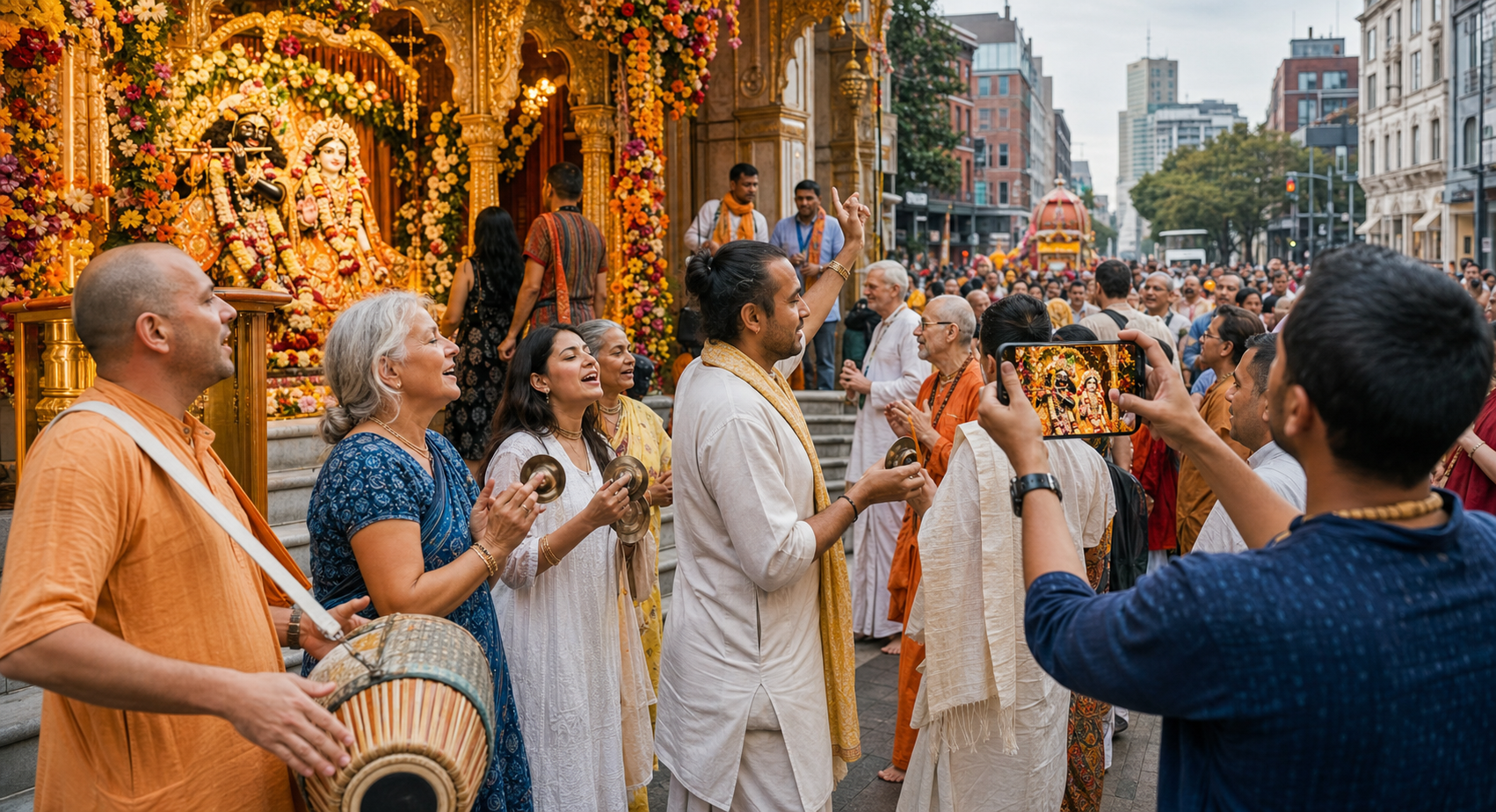 A diverse Hare Krishna congregation connects an illuminated temple altar, a city street kirtan and a smartphone darshan view.