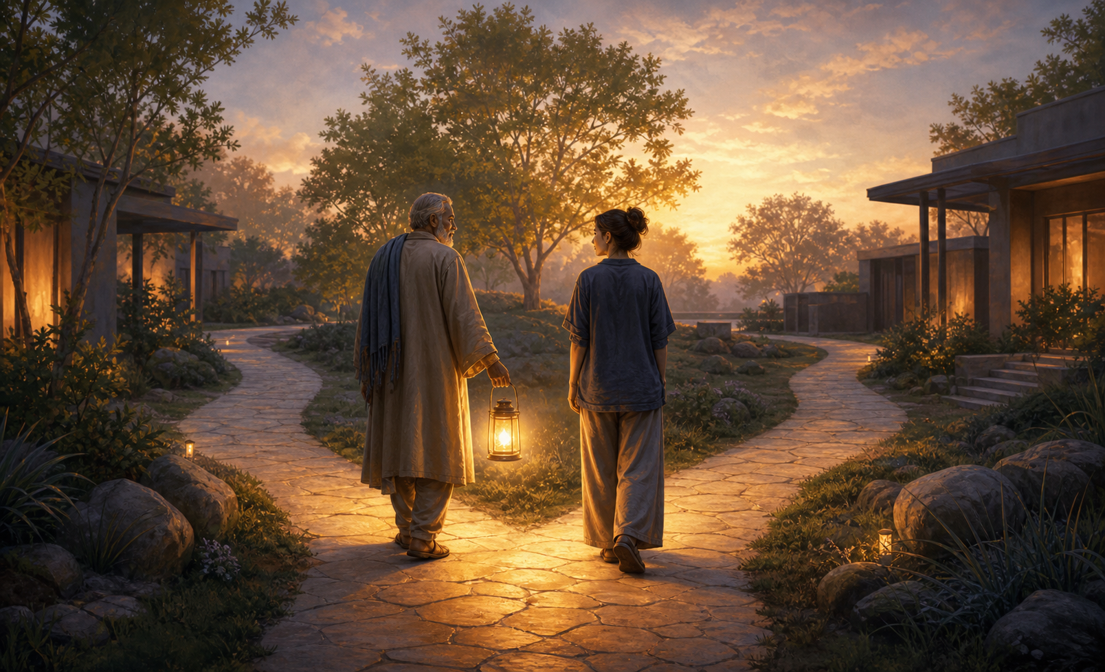 A spiritual guide and a younger practitioner walk side by side as a lantern illuminates two paths in a quiet courtyard at dawn.