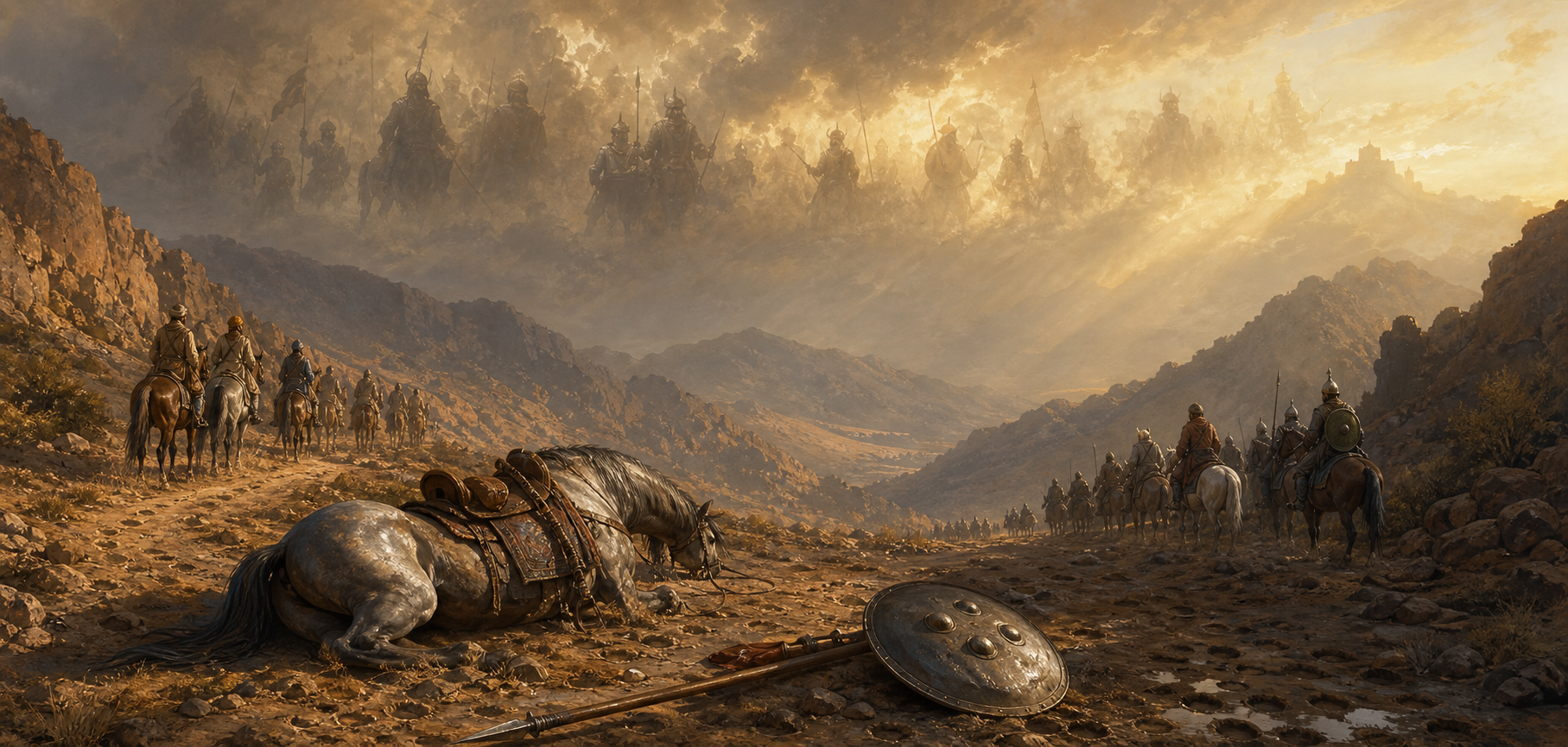 A riderless horse, shield, lance, and fading soldiers occupy a dusty mountain pass beneath faint silhouettes of an older epic battlefield.
