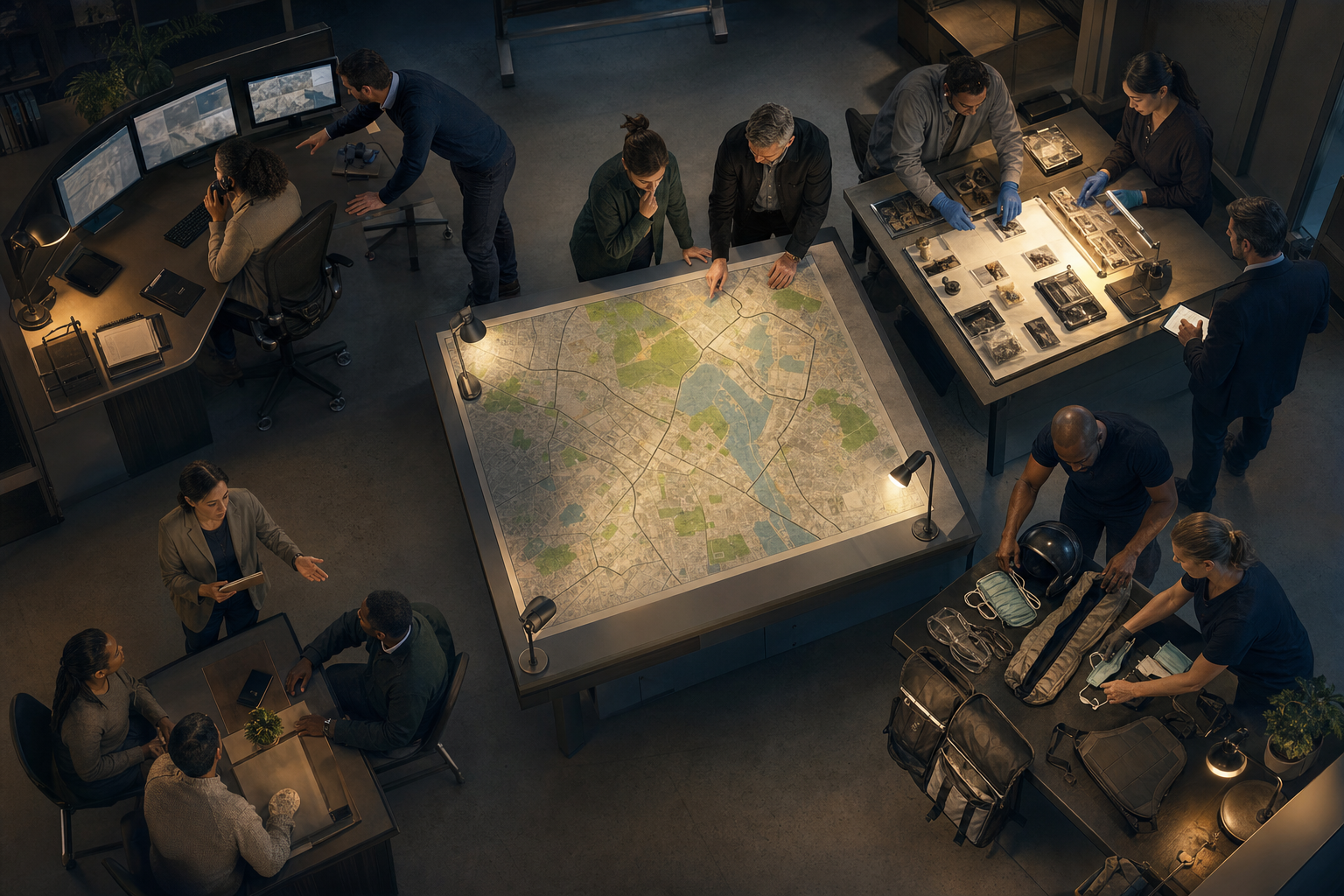 A coordinated operations team receives reports, verifies evidence, prepares a field response, and briefs community liaisons.