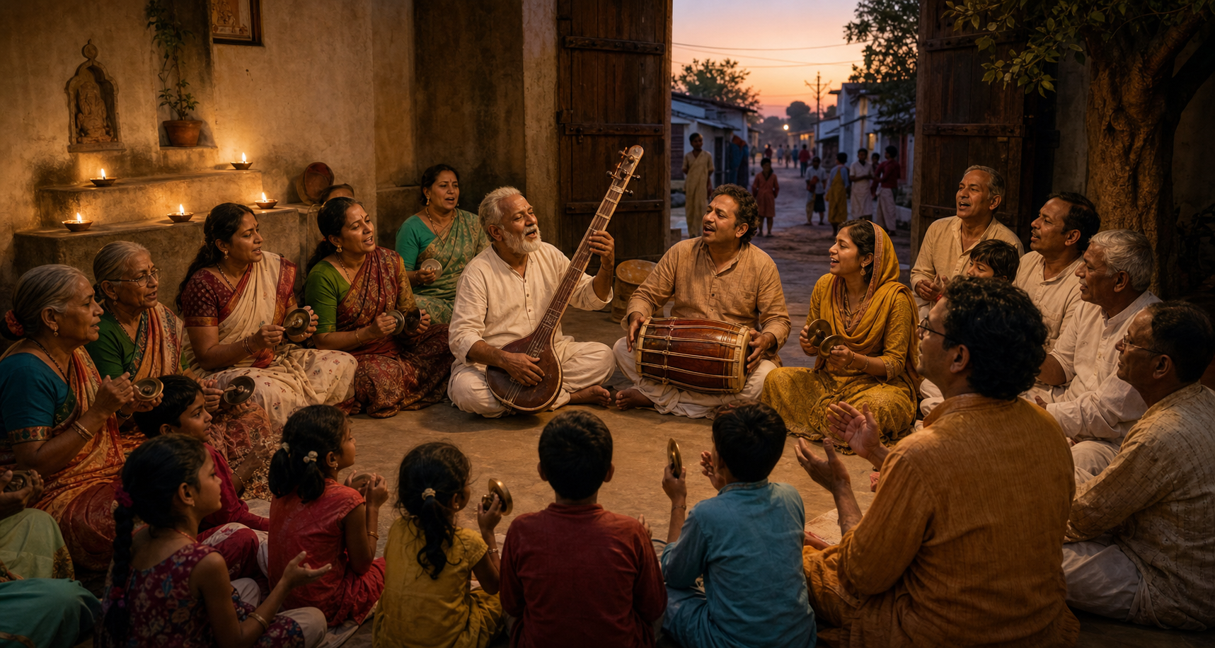 Adults and children gather in a village courtyard to sing together while musicians play cymbals, a string instrument, and a barrel drum.
