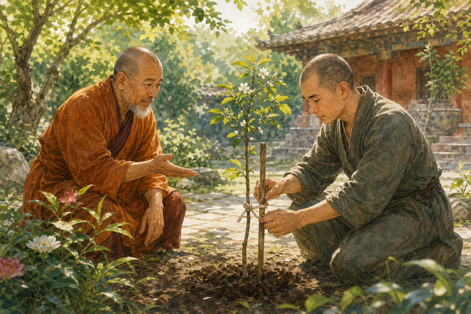 An older guide watches as a younger adult gently supports a flowering sapling in a monastery garden.