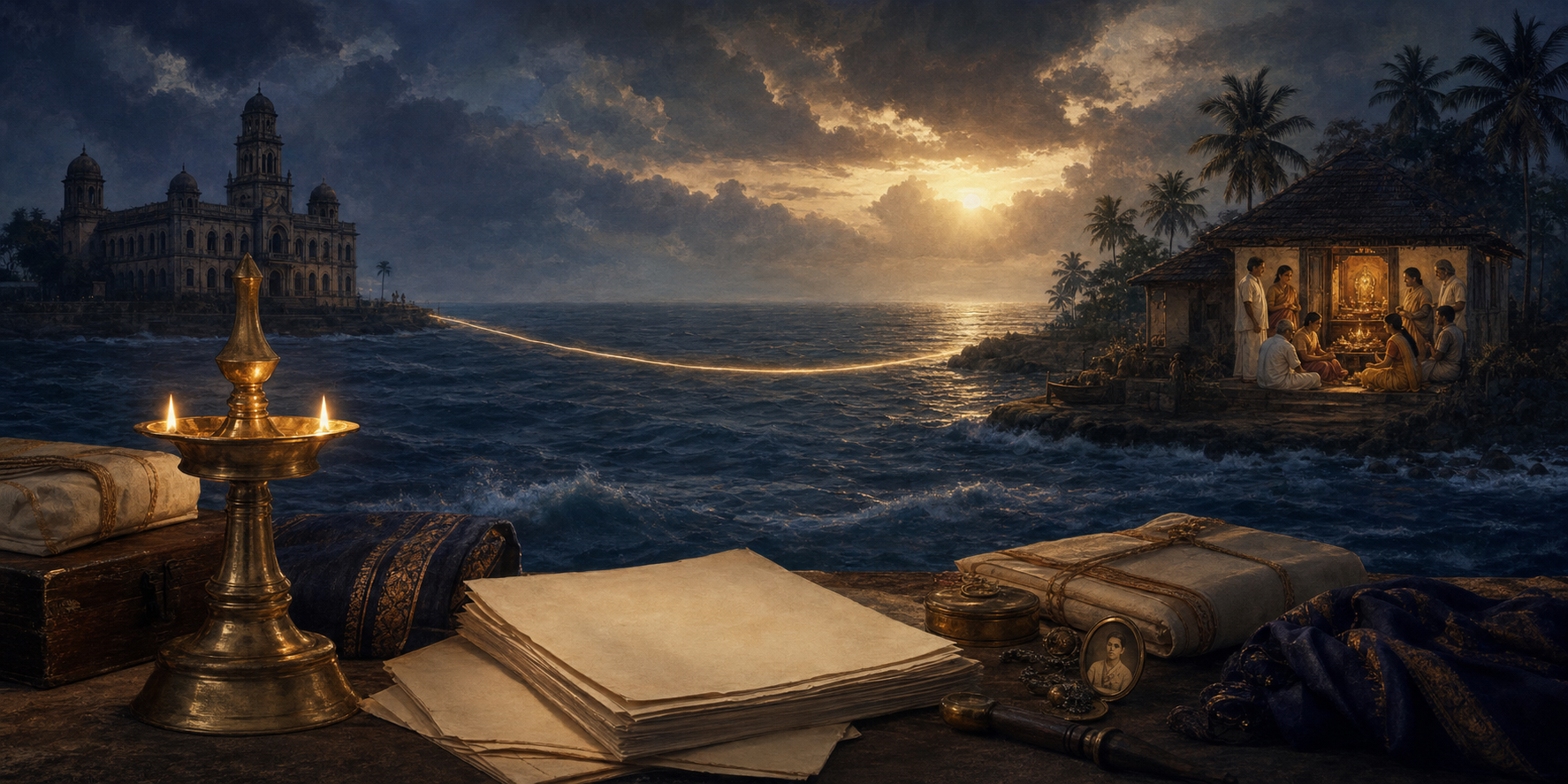 A glowing oil lamp and family heirlooms are connected by a luminous thread across the ocean to a courthouse and a multigenerational island household.