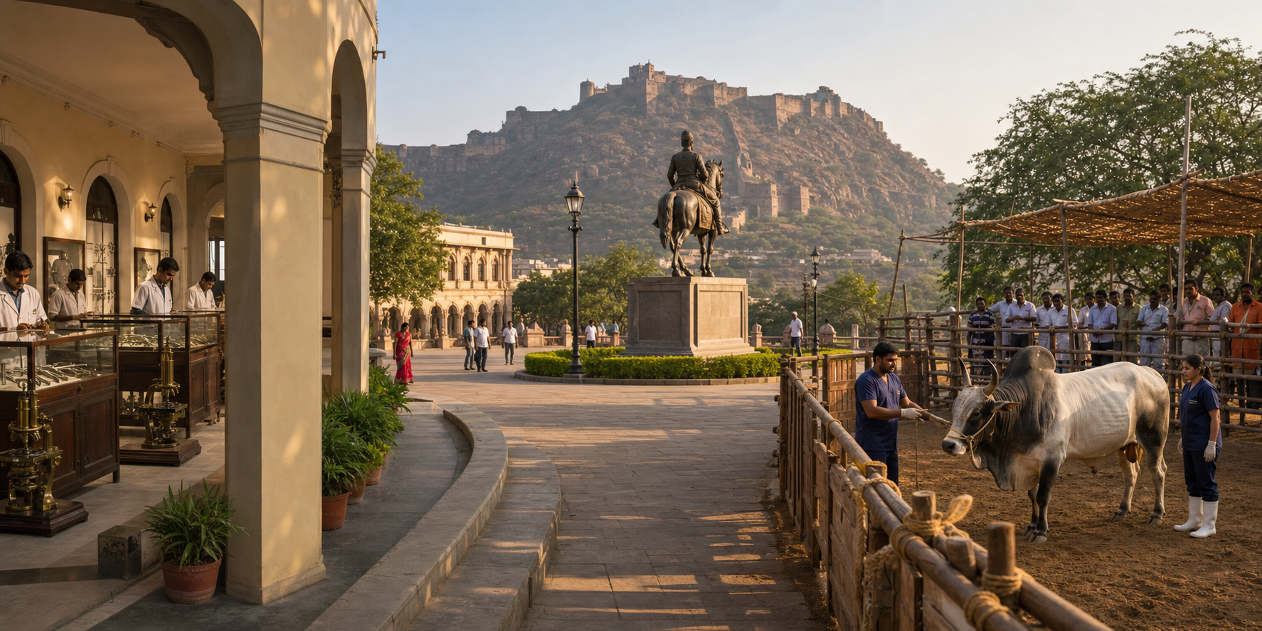 A college gallery, a civic memorial facing a hill fort and a supervised rural bull arena appear within one connected landscape.