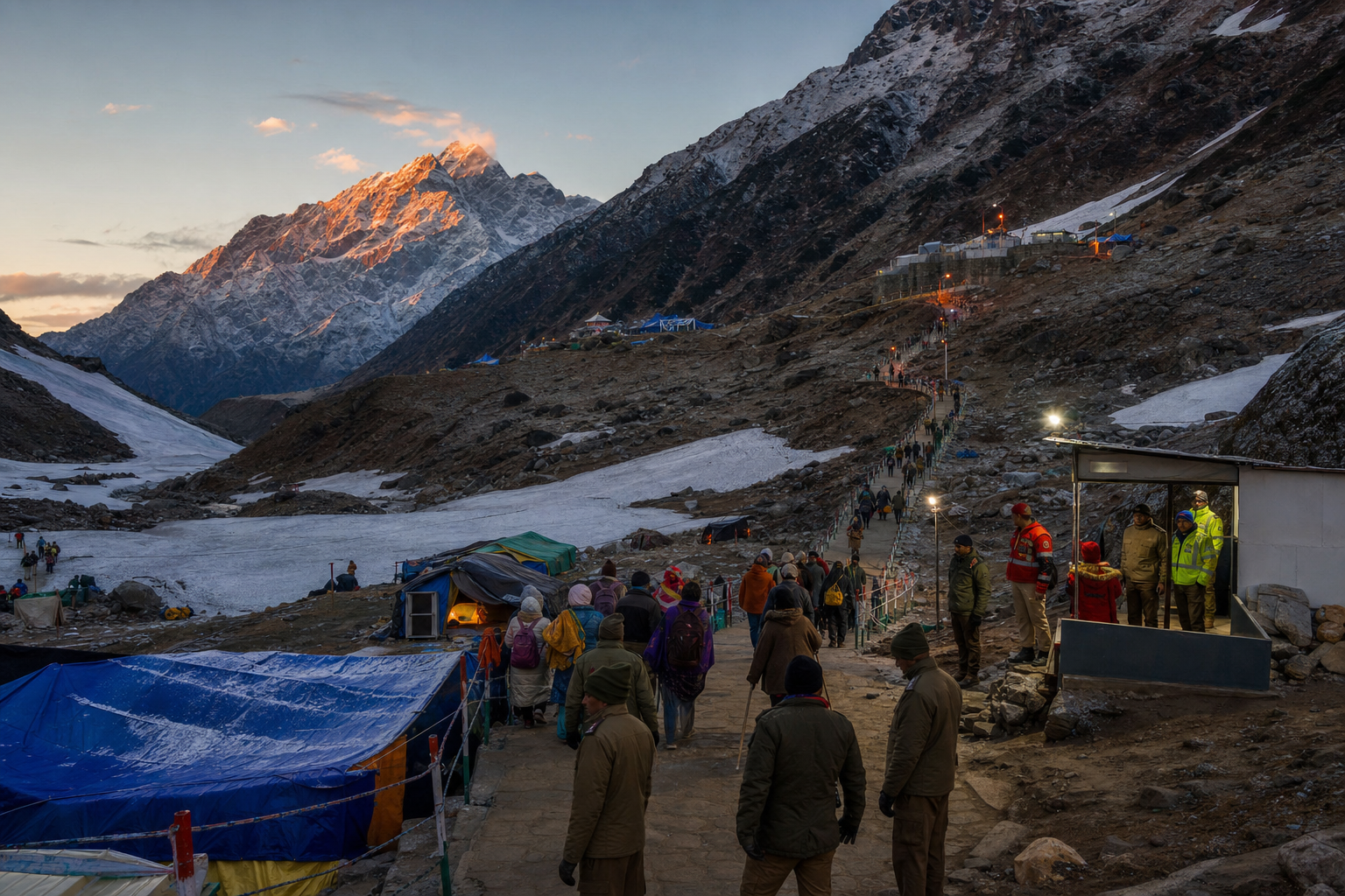 Pilgrims, security personnel, and emergency responders positioned along a managed route through a rugged Himalayan valley.
