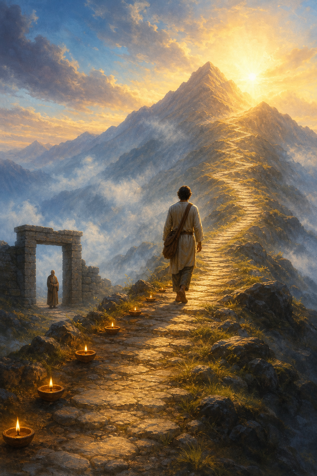 An adult practitioner walks alone toward a sunlit mountain summit while a teacher watches from a distant gateway.