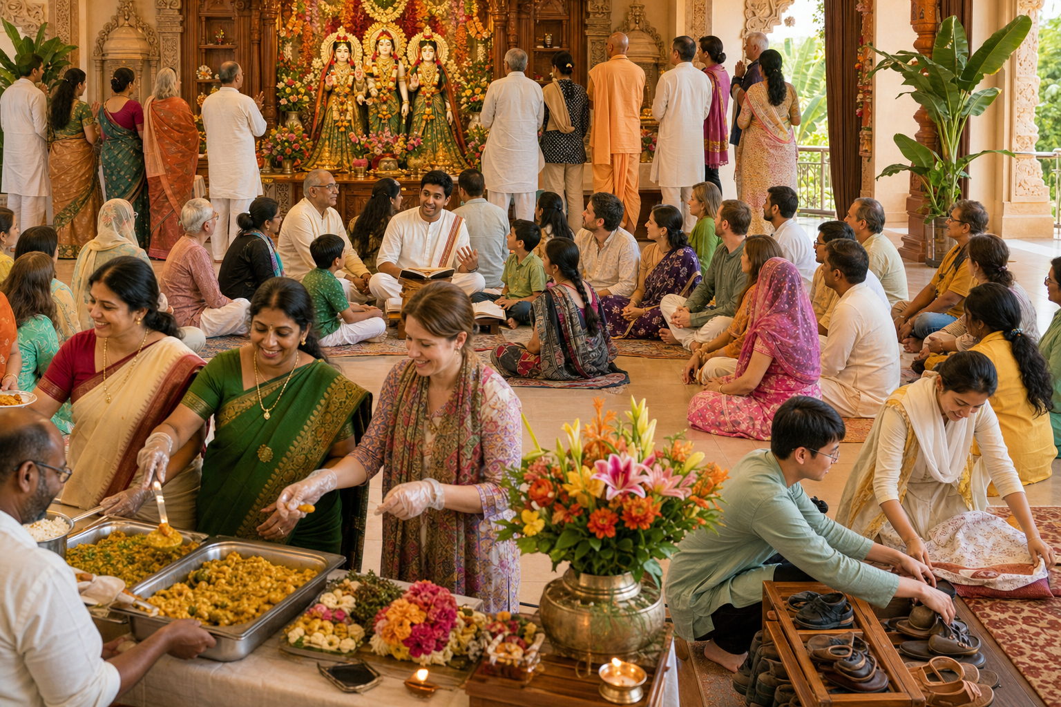 A multigenerational congregation worships, studies scripture, serves food, and performs practical service during a Sunday temple gathering.