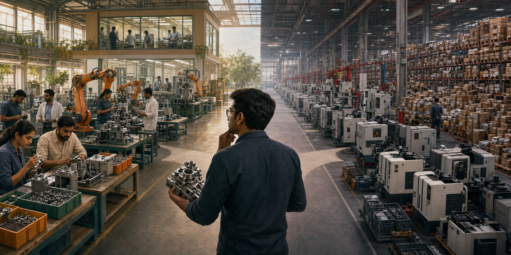 Engineers work in a factory while one examines a precision component between an active research workshop and rows of idle machinery.