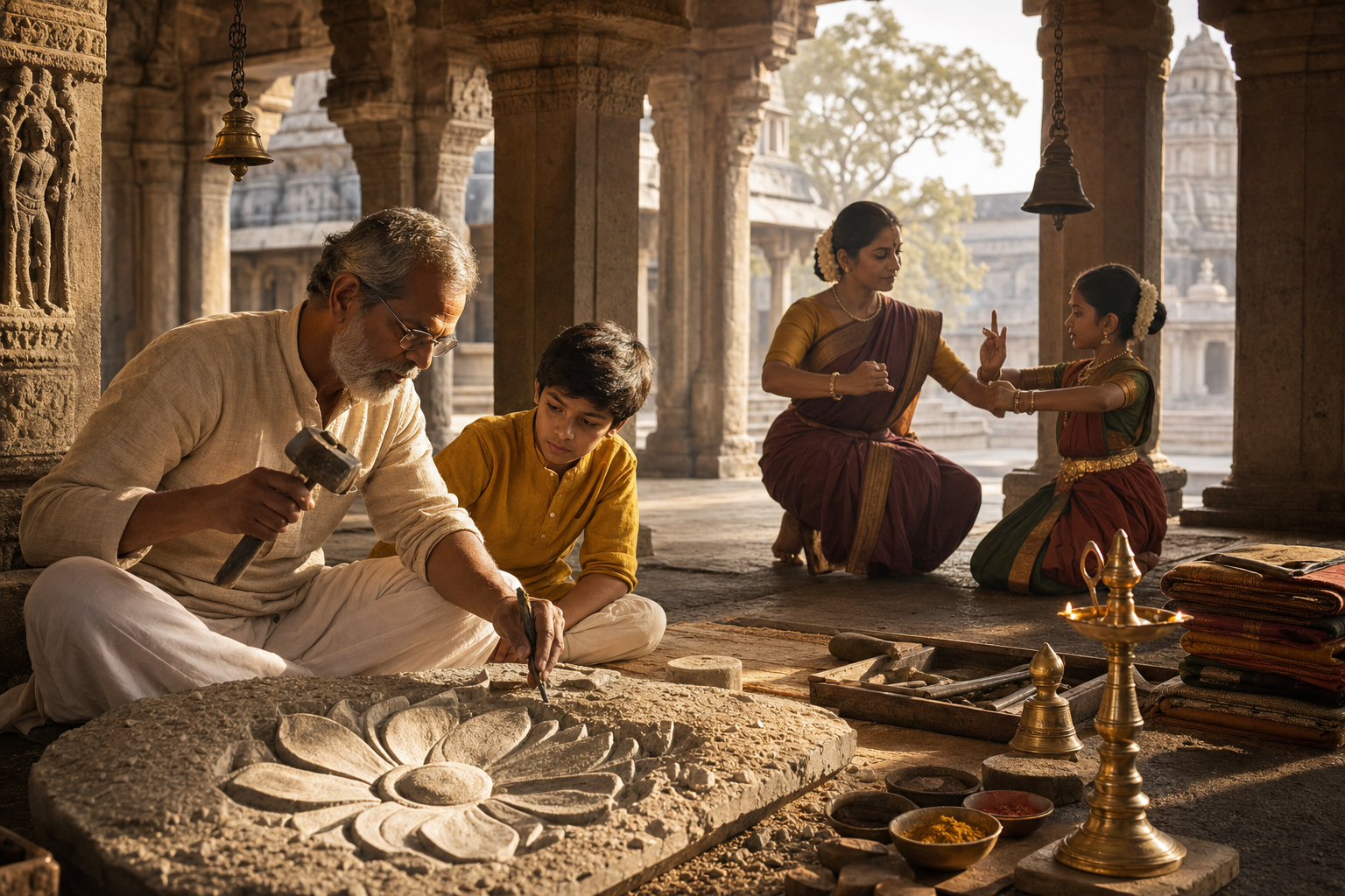 An elder artisan and a dance teacher pass sacred artistic practices to younger students in a traditional temple arts hall.