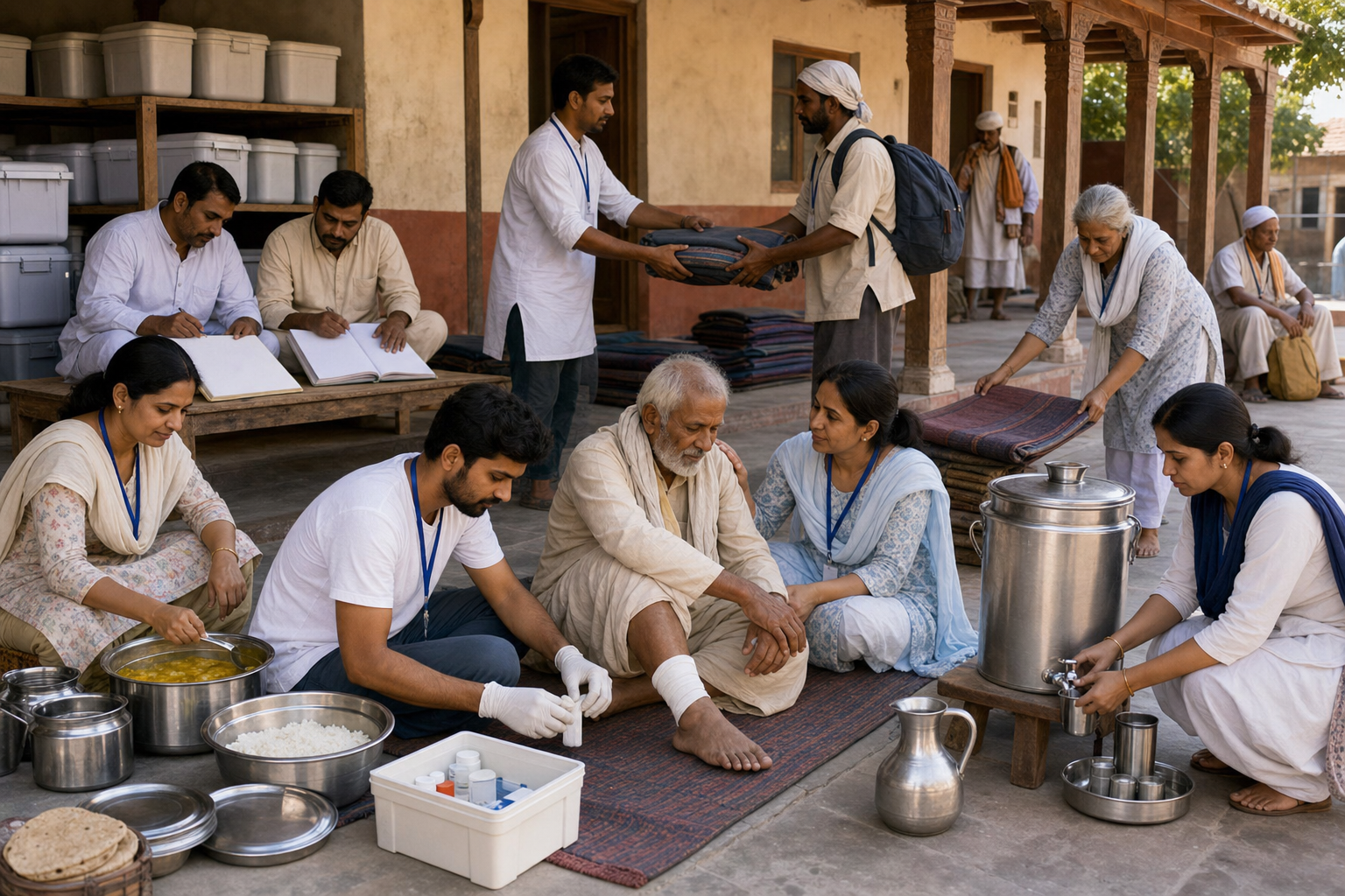 Volunteers in a pilgrimage rest-house courtyard prepare food and water, arrange sleeping mats, offer first aid, and assist an elderly traveler.