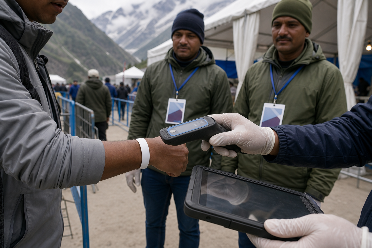 A pilgrim's RFID wristband is scanned at a mountain checkpoint while credentialed service workers wait nearby.