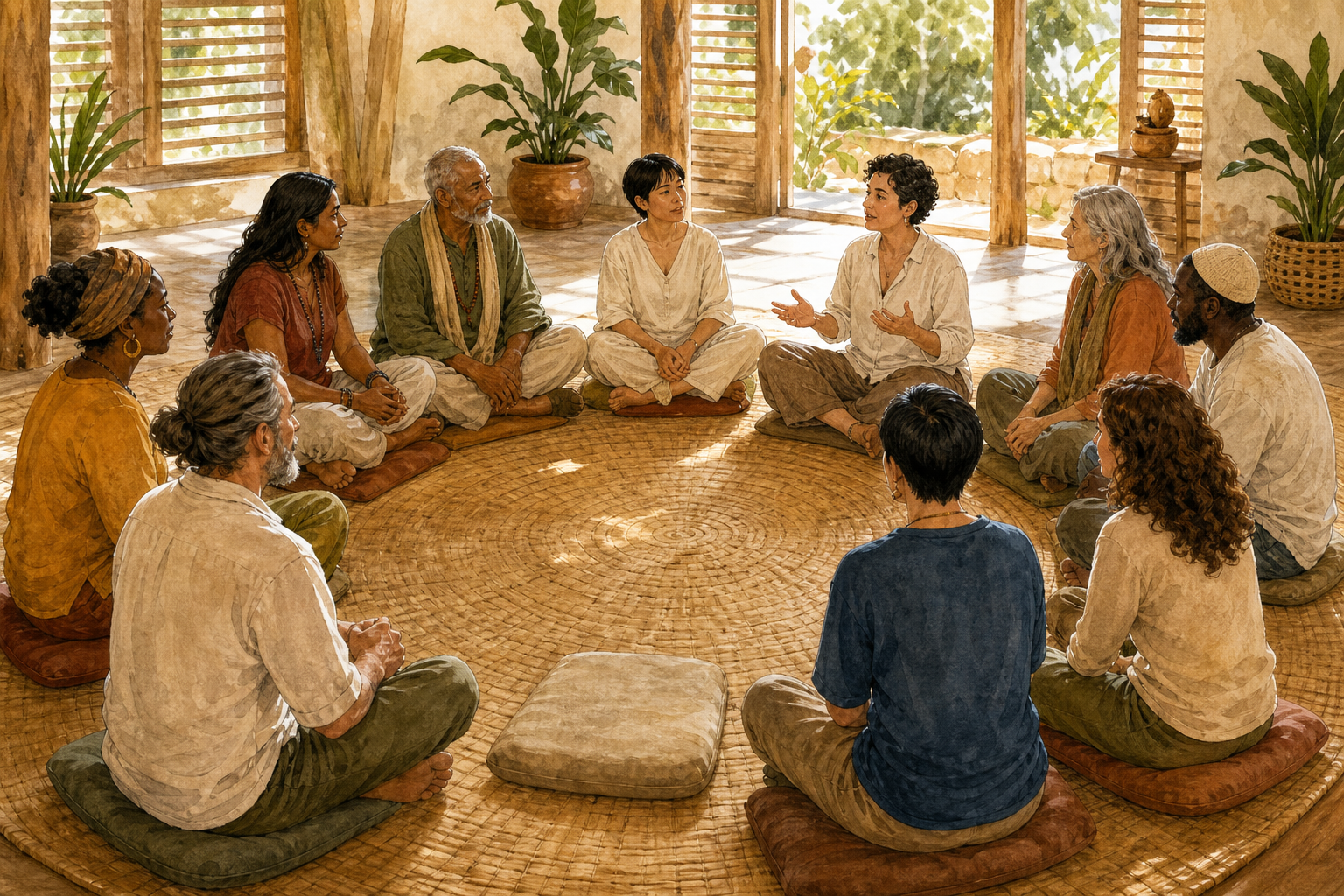 An intergenerational group of spiritual practitioners sits in a circle and listens attentively to one speaker in a community hall.