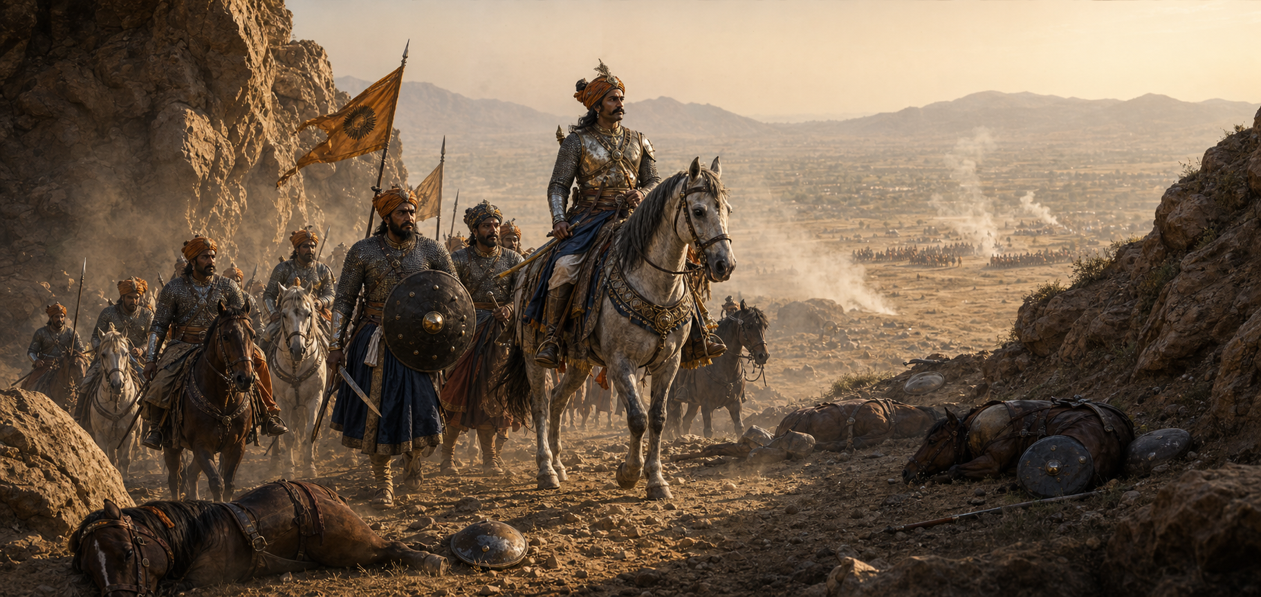 A Rajput commander and a small mounted force withdraw through the rocky Haldighati pass after battle as distant troops occupy the plain.