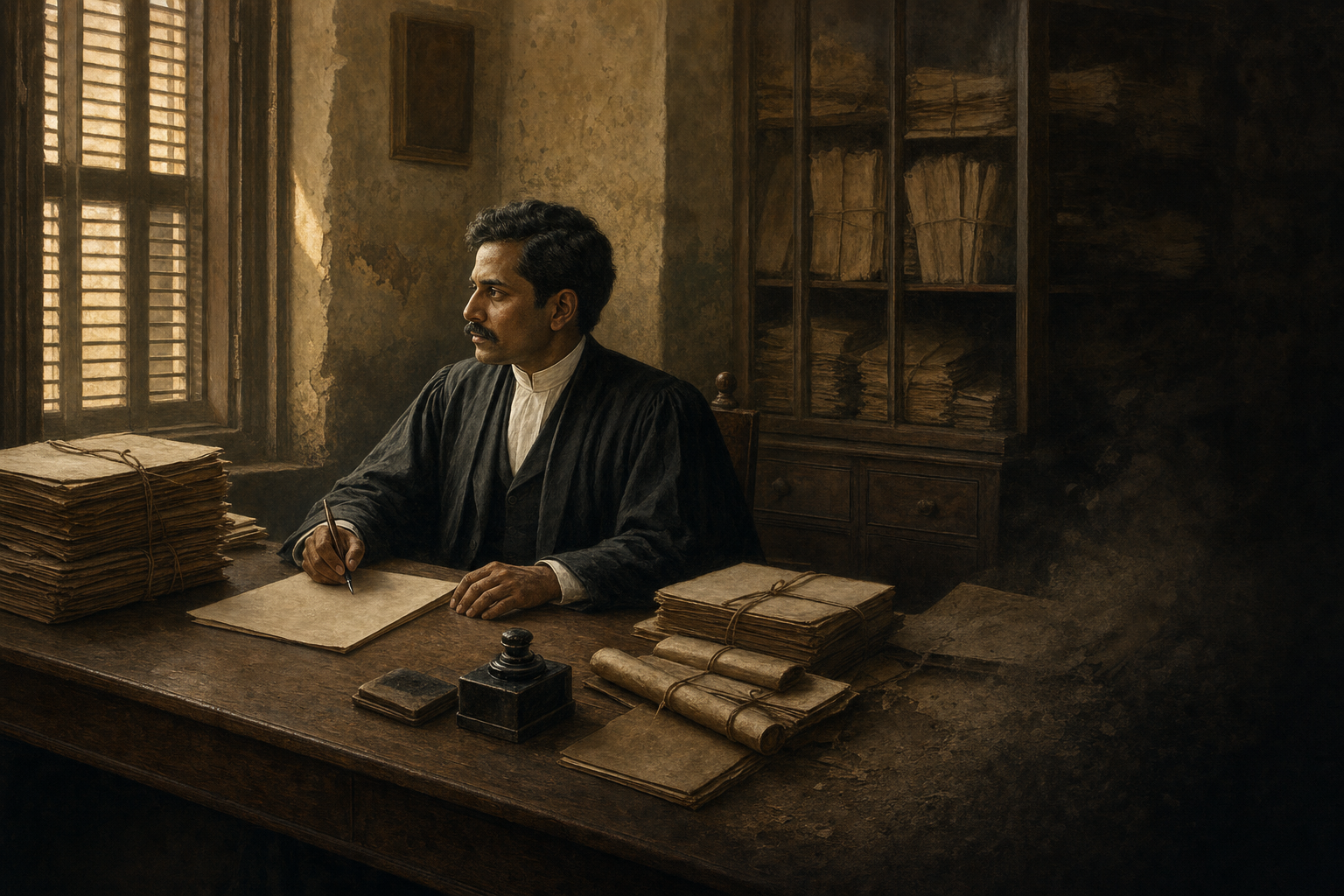 An early twentieth-century South Asian advocate works at a wooden desk while aging legal records recede into dust and shadow.