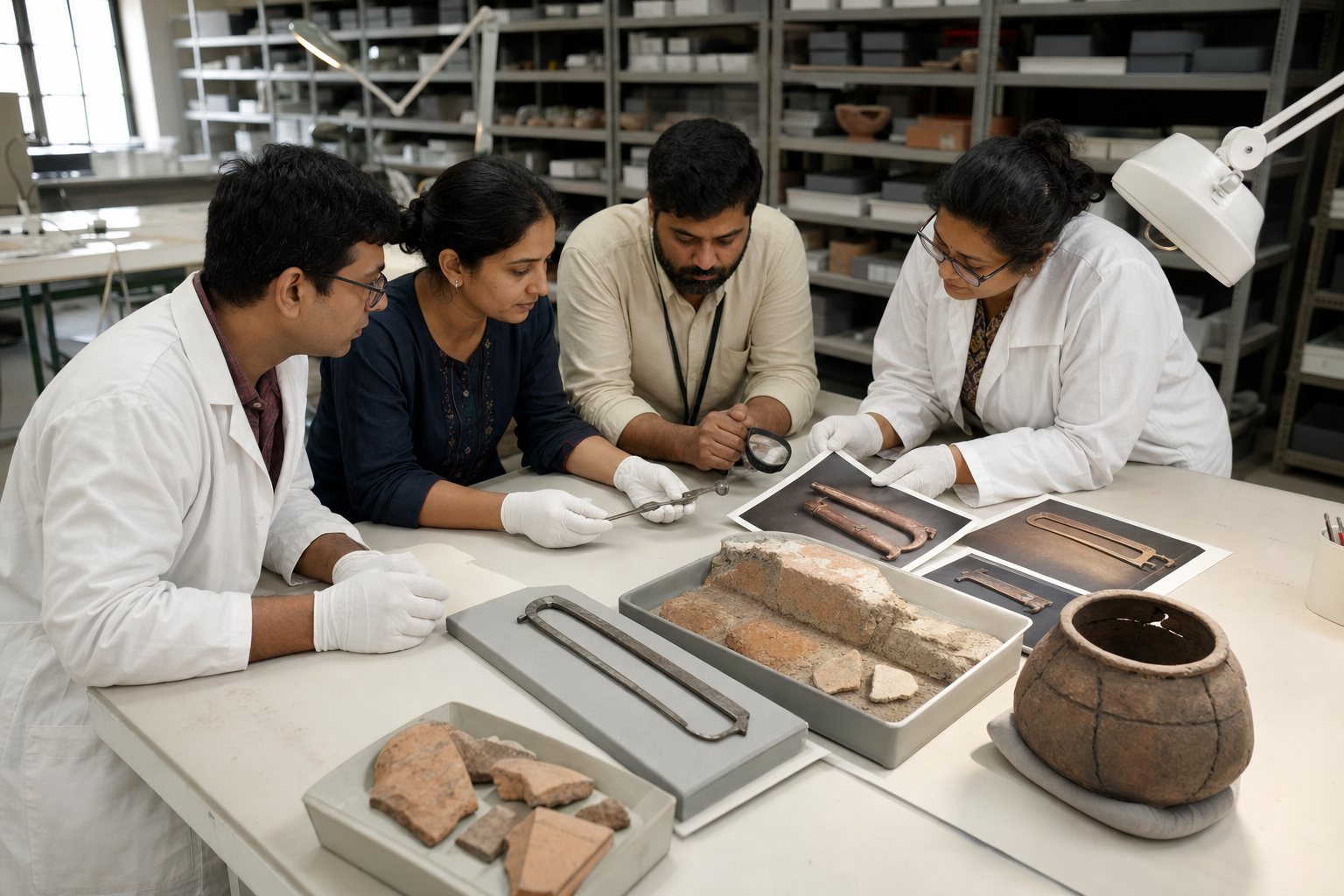 Museum researchers examine an instrument replica, pottery pieces and a masonry sample with conservation tools.
