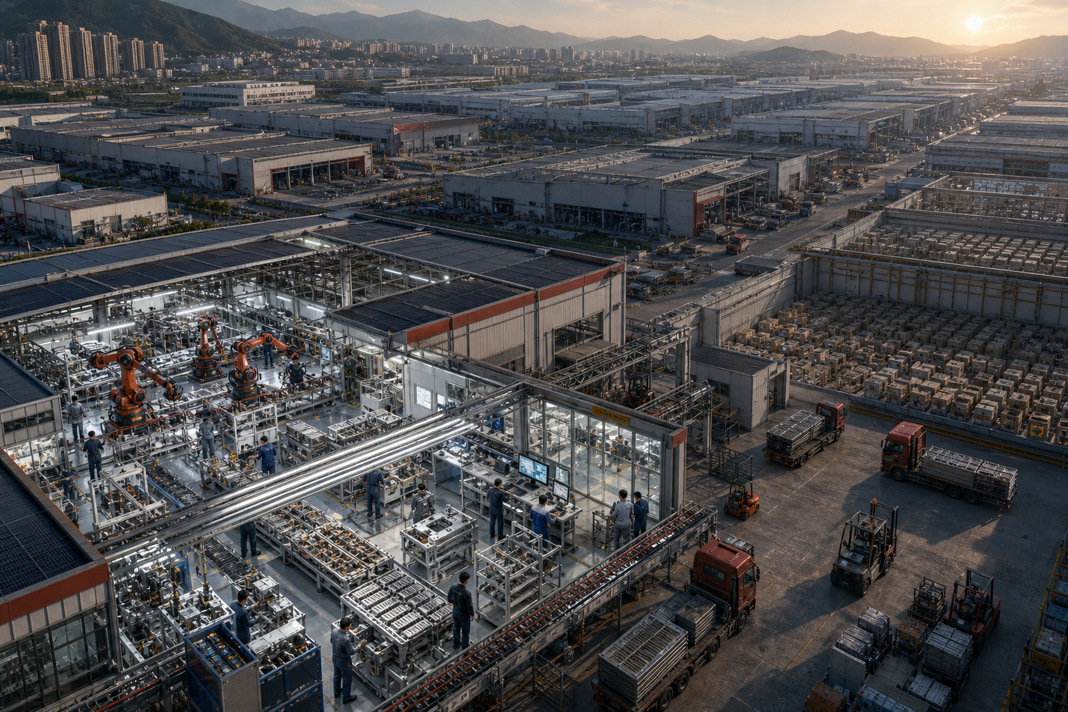 An advanced factory operates beside partially idle duplicate plants and warehouses filled with unsold goods.